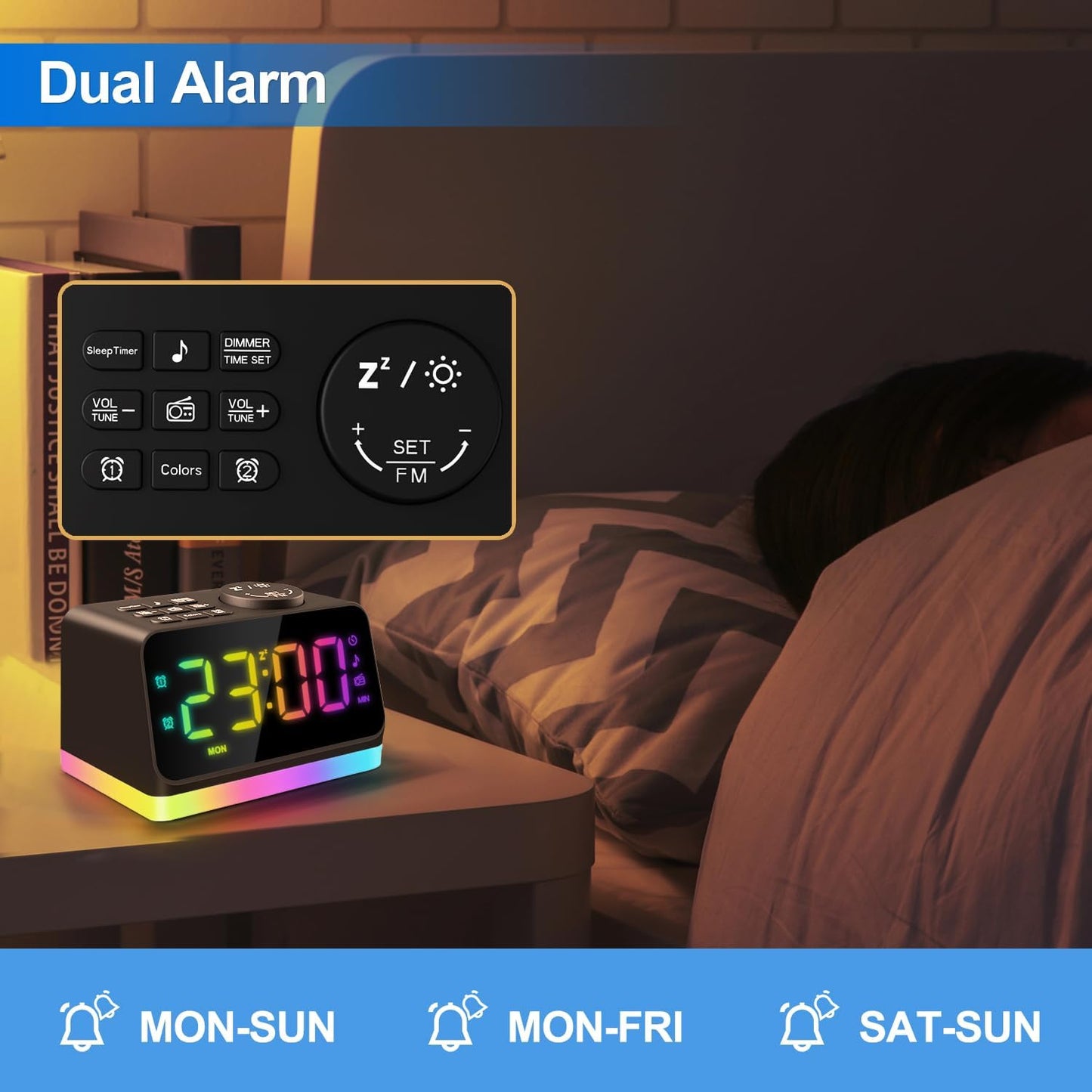 Modern Digital Alarm Clock with FM Radio, Alarm Clocks for Bedrooms with 2 Charging Port, Sleep Sound Machines with Timer, Dual Alarm, Loud Alarm and Easy to Use for Seniors and Kids as Gift