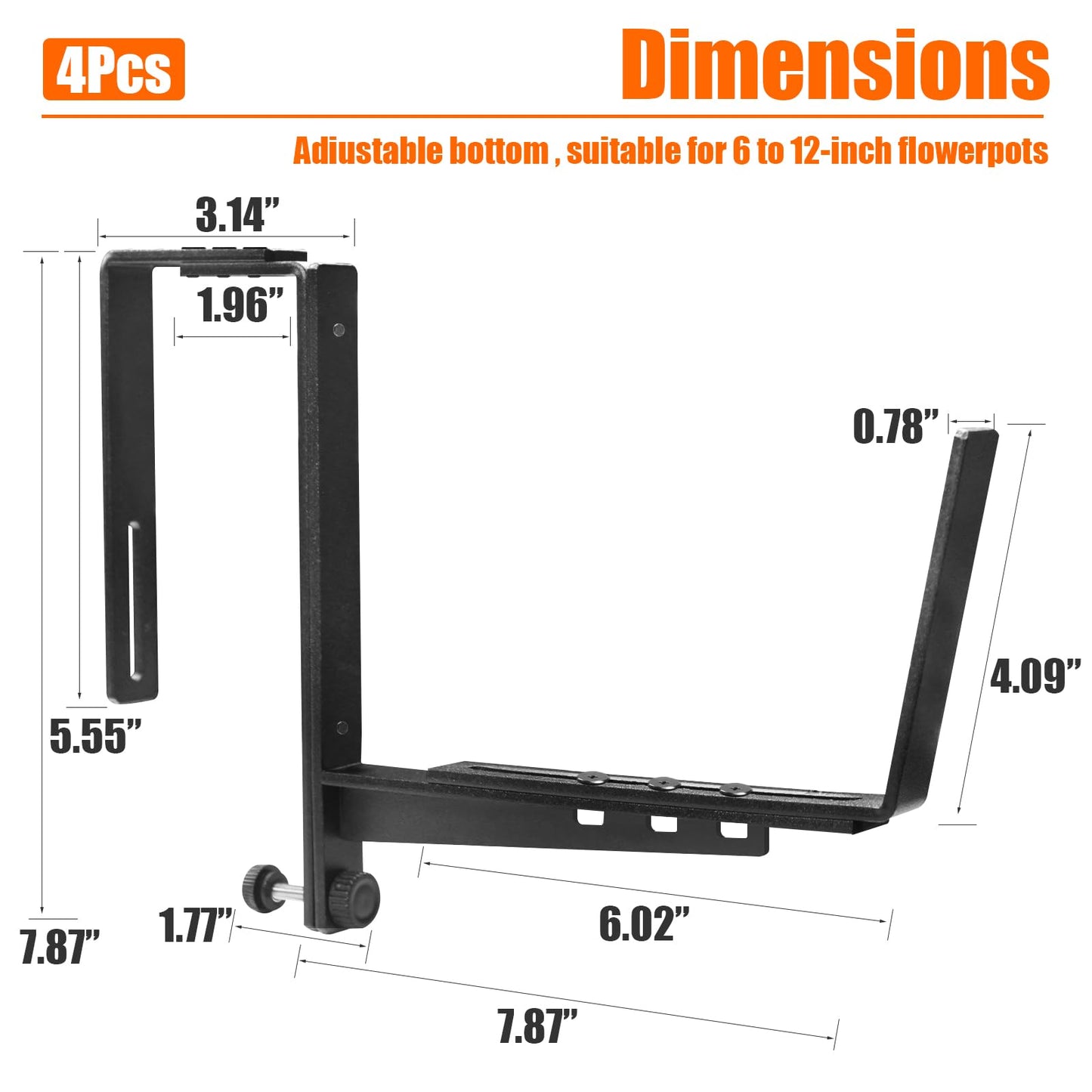 ZUIWAN 4 Pcs Adjustable Railing Planter Boxes Brackets,Heavy Duty Iron Window Box Planters Holder Outdoor for Railings,Windowsill,Patio,Deck,Garden,Balcony,Fence,Wall,Porch,Black