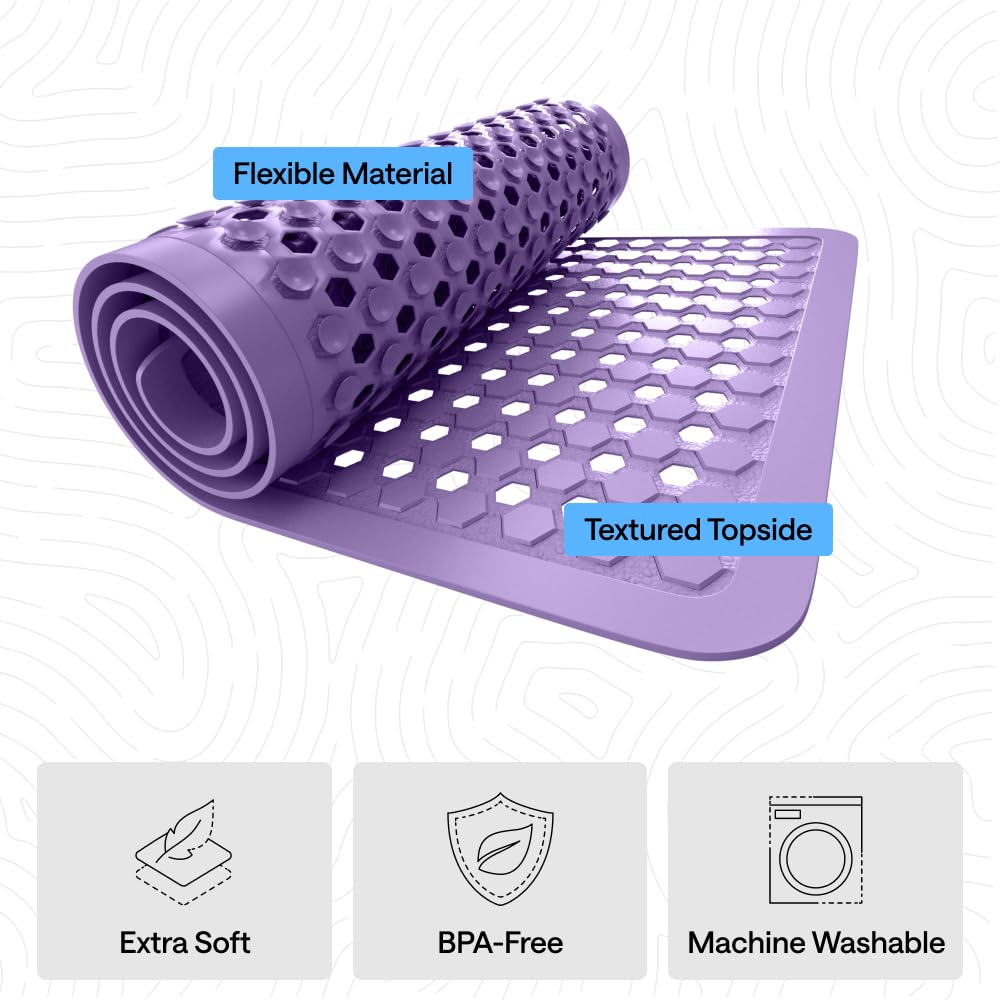GORILLA GRIP Bath Tub Shower Mat, Machine Washable Bathtub Floor Liner Mats, Suction Cups and Drain Holes to Keep Tubs Clean, Soft on Feet, Bathroom Essentials, 89x41 cm, Purple Opaque