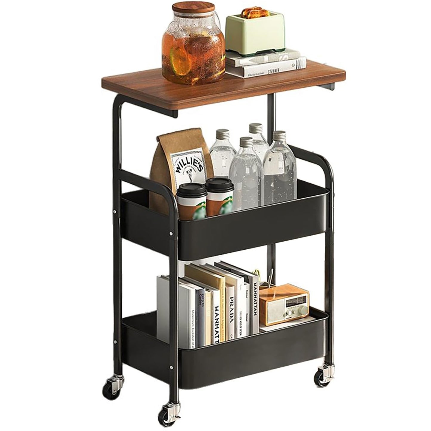3 Tier Side Table Small End Table Metal Rolling Utility Cart with Storage Shelf, Sofa Table Snack Tray Beside Couch Console Tall Night Stand for Living Room, Bedroom, Kitchen, Office, Bathroom (Black)