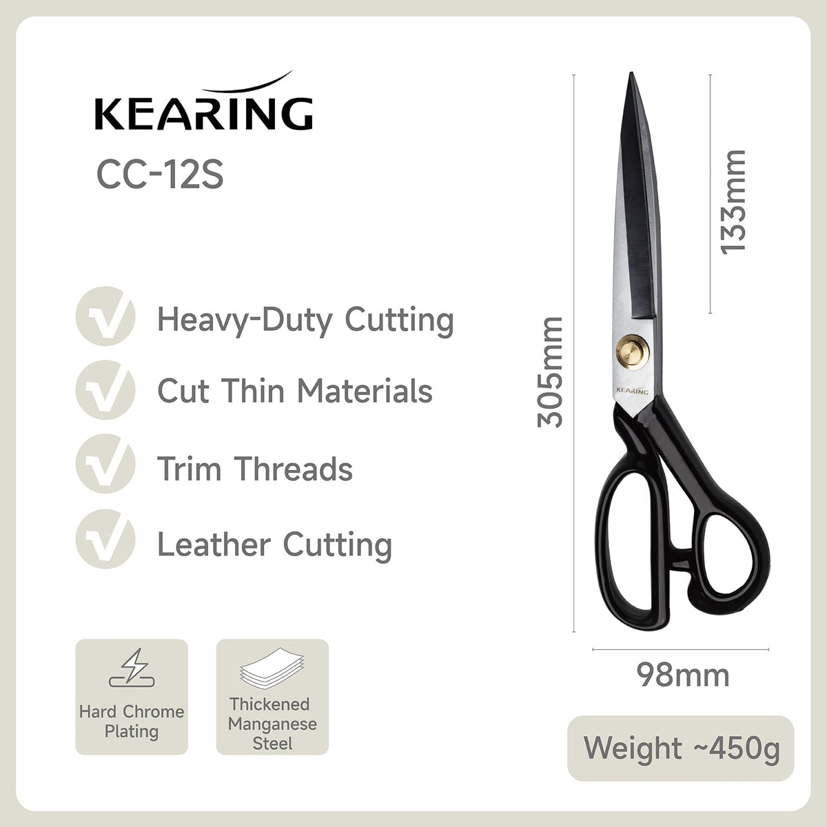 KEARING Fabric Scissors for Cutting Clothes 12 inch Heavy Duty Professional Dressmaking Tailor Scissors Sharp Dressmaker Fabric Shears Galvanized Manganese Steel Sewing Scissors