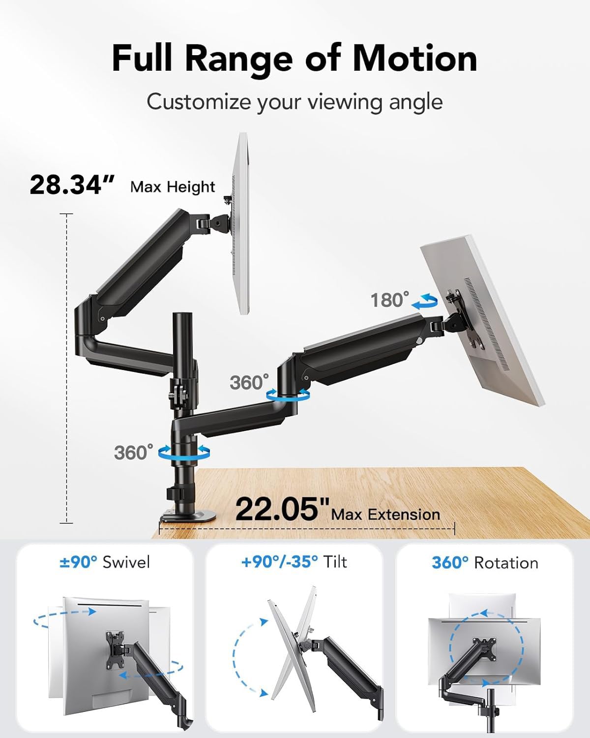 HUANUO Dual Arm Monitor Stand for 32-inch Screens | Max Height 20.87" | 19.8lbs Capacity | Tilt, Swivel, Rotation Adjustable | VESA 75/100mm