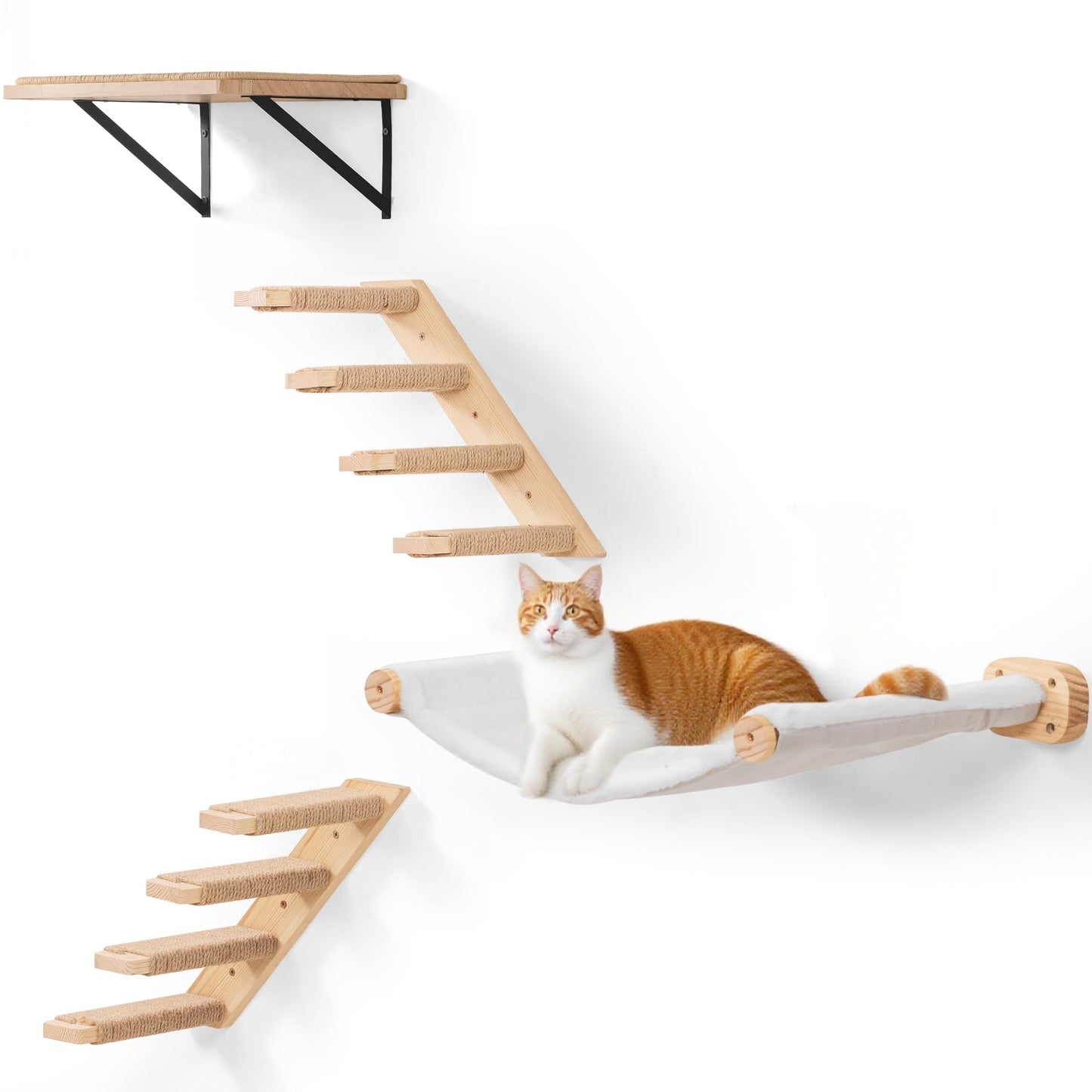 Cat Wall Shelves with 1 Floating Fabric Hammock, 2 Ladders with 4 Steps Each & 1 Flat Cat Shelf, Wall Mounted Bed Furniture & Climber, Indoor Playground