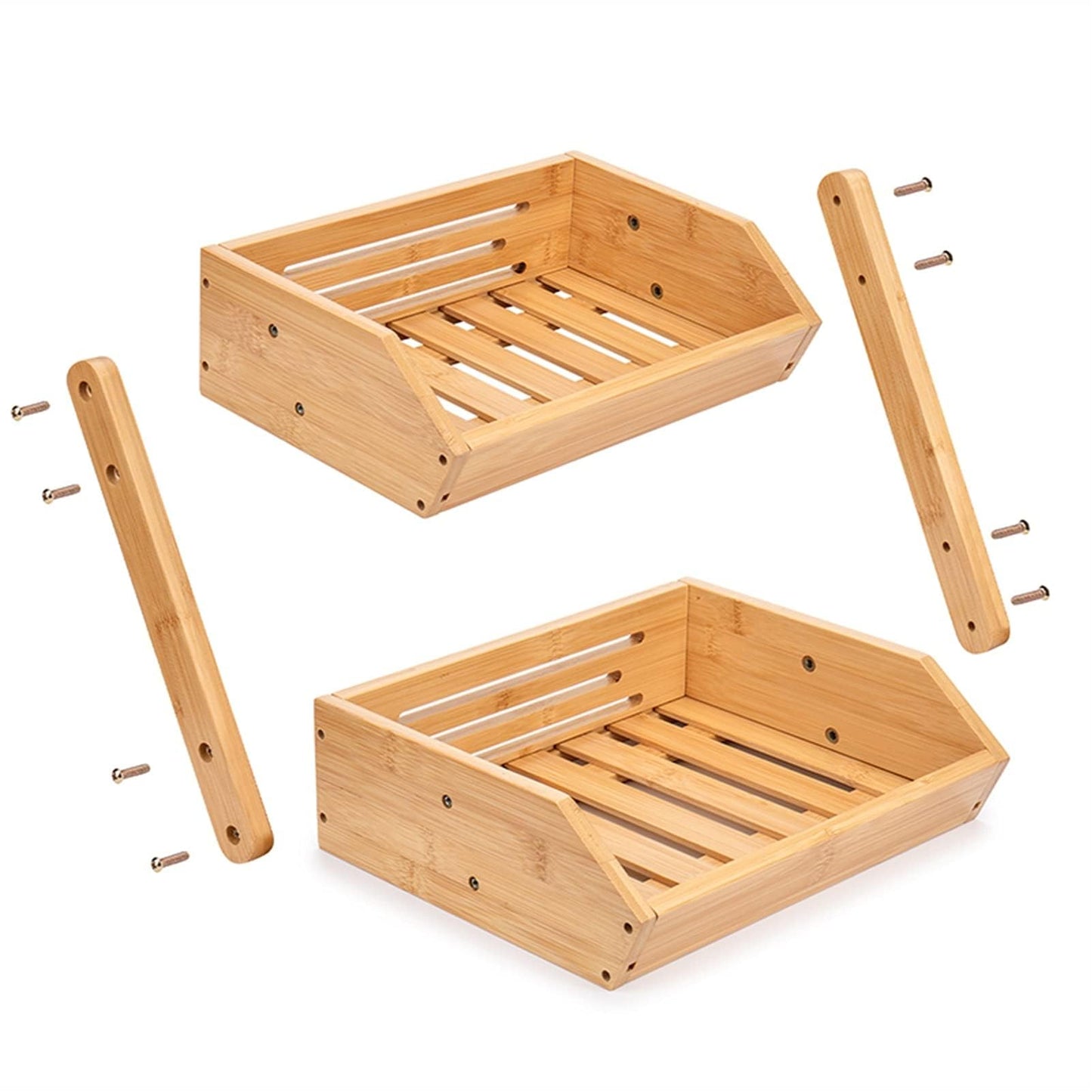Bamboo Fruit Basket, 2-Tier Storage Stand Holder for Kitchen Countertop, 11" Tall, Large Capacity Organizer for Fruits and Vegetables, Natural