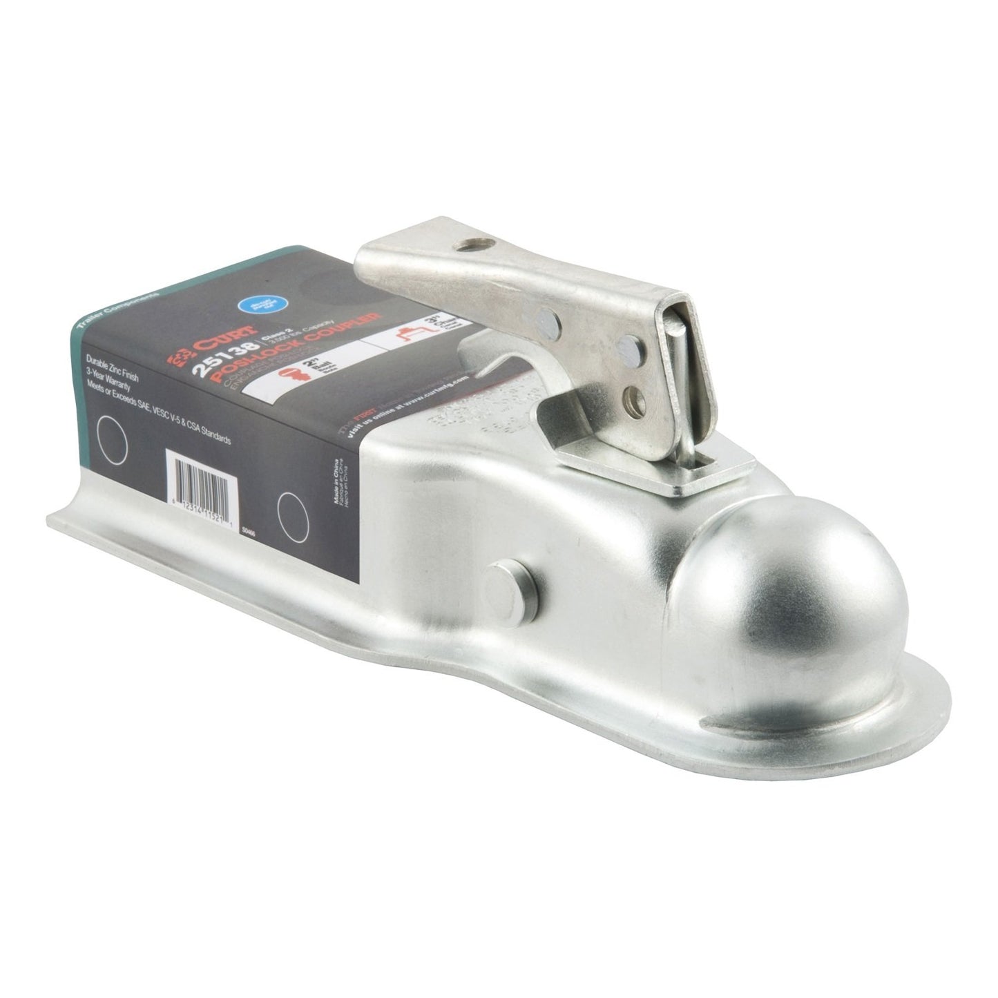CURT 25138 Straight Tongue Trailer Coupler for 3-Inch Channel, 2-in Hitch Ball, 3,500 lbs