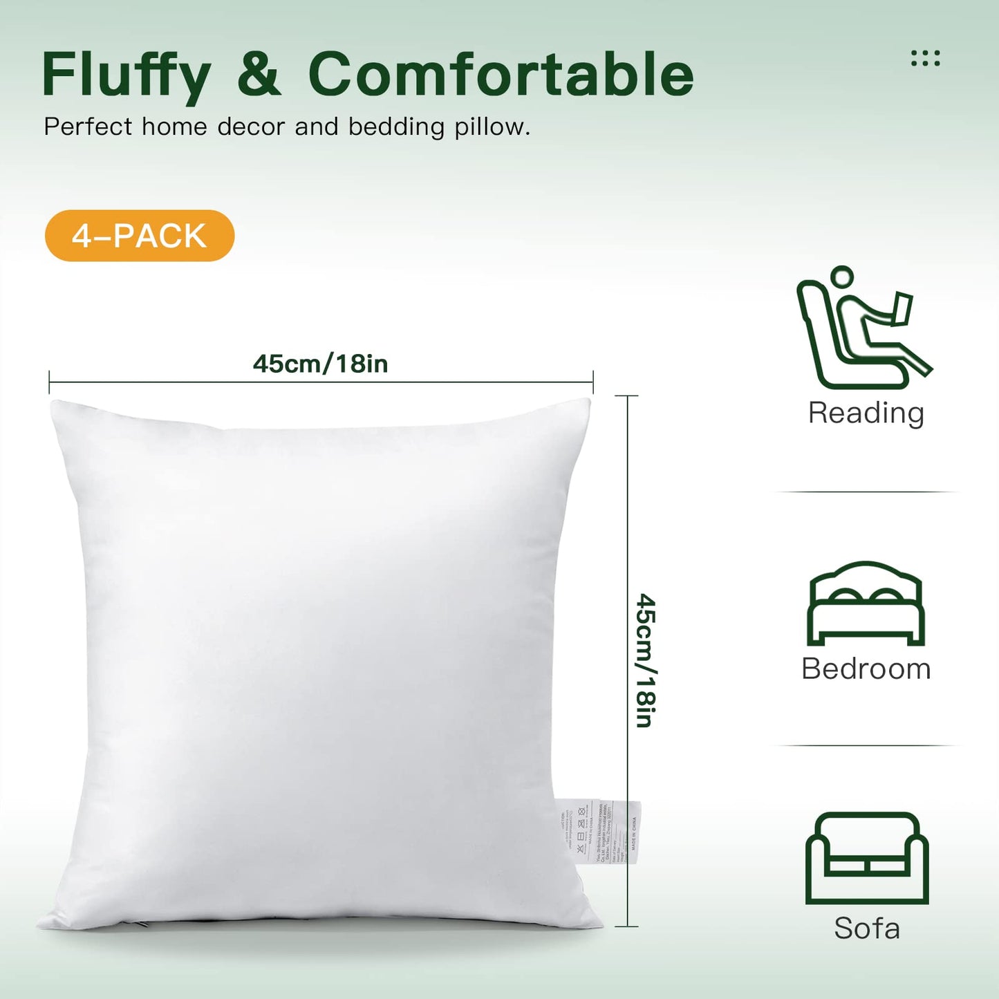 OTOSTAR 4 Pack Premium Waterproof Pillows Inserts, 18 x 18 Outdoor Decorative Throw Pillow Inserts Soft Fluffy Plump Cushion Inserts for Patio Garden Bench Farmhouse Sofa Couch Bed, White