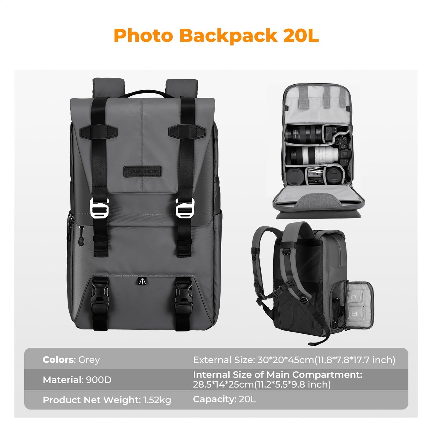 K&F Concept Camera Backpack, Camera Bags for Photographers Large Capacity Camera Case with Raincover,15-15.6 Inch Laptop Compartment Compatible for Canon/Nikon/Sony/DJI Mavic Drone(Beta Backpack 20L)