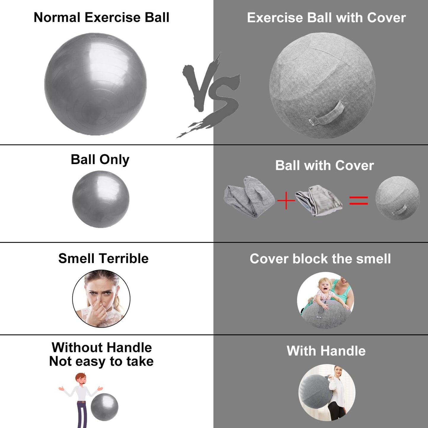 Exercise Ball Chair with Fabric Cover, Standard Size (25inches/65cm), for Home Offices, Balance Training, Yoga Ball (Gray)