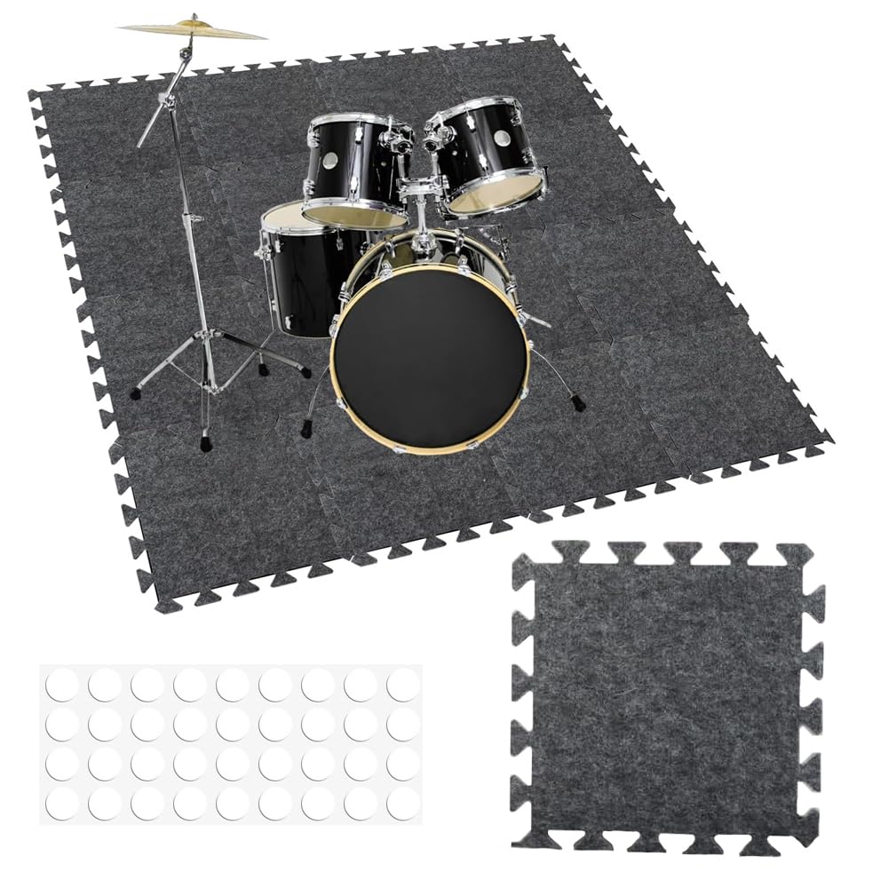 16 Pcs Thick Sound Absorbing Interlocking Floor Mats 11x 11 X 0.4 Inches High Density Piano Carpet Drum Rug Non Slip Anti Vibration Soundproof Pads Acoustic Blanket for Music Studio (Grey)