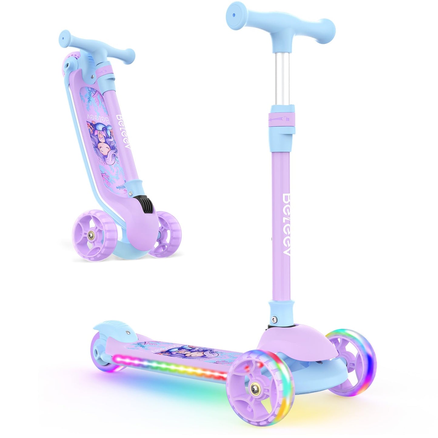 BELEEV A9 Scooter for Kids with Light-Up Deck & Wheels, 3 Wheel Folding Scooter for Toddlers Girls Boys Ages 3-12, 4 Adjustable Height, Extra Wide Deck, Lightweight Kick Scooter for Children