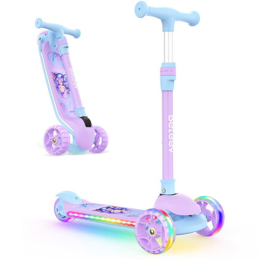 BELEEV A9 Scooter for Kids with Light-Up Deck & Wheels, 3 Wheel Folding Scooter for Toddlers Girls Boys Ages 3-12, 4 Adjustable Height, Extra Wide Deck, Lightweight Kick Scooter for Children