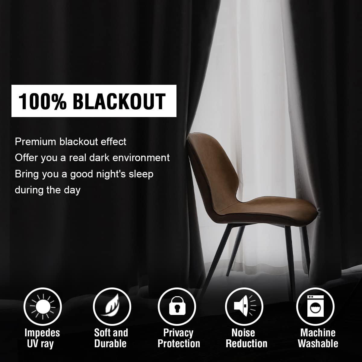 100% Blackout Curtains for Bedroom with Black Liner Full Room Darkening Curtains 45 Inches Long Thermal Insulated Back Tab/Rod Pocket Window Treatment Drapes for Living Room, Natural, 2 Panels