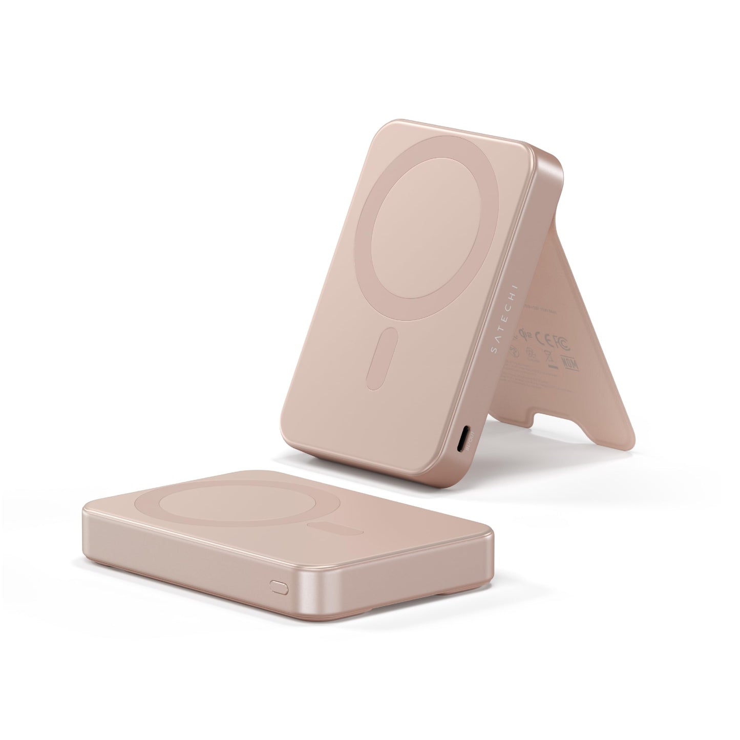 Satechi OntheGo Power Bank, Qi2 Power Bank 10000mAh, 15W Fast Charging, Portable Battery Pack with Stand for iPhone 17 to 12 Series, Android – Desert Rose