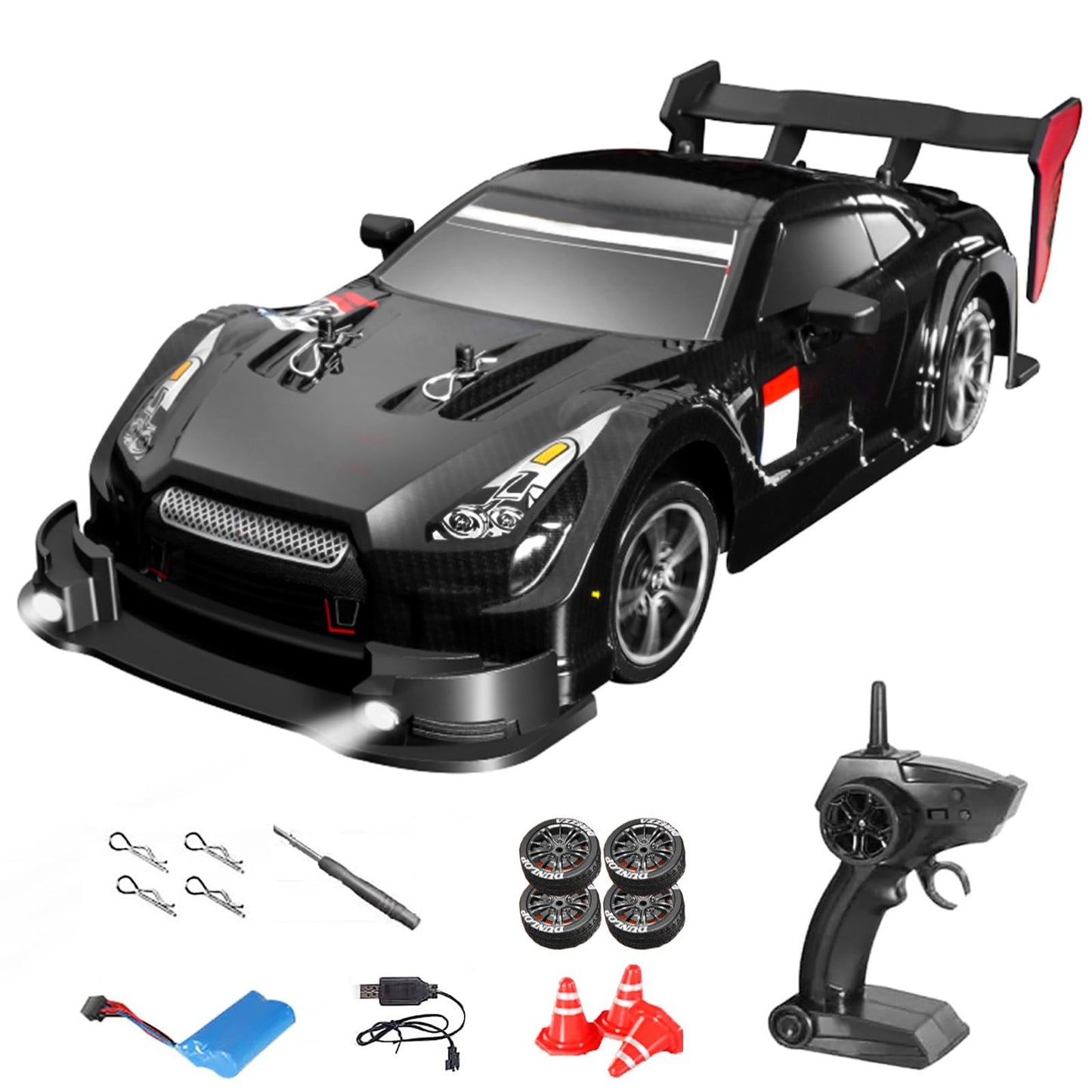 GoolRC RC Drift Car, 1:16 Scales GTR Model Pro RC Car, 4WD 30KM/H High Speed RC Racing Car 2.4GHz RTR Drift RC Cars with LED Lights for Adults and Kids