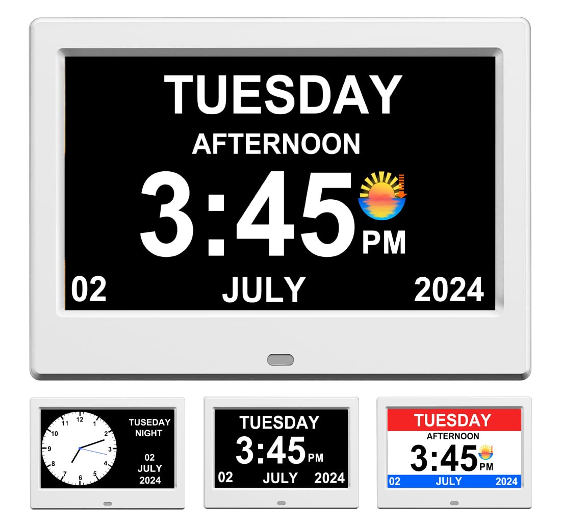 Alarm Clock with Day and Date for Elderly Digital Calendar Clock Photo Frame- Auto Dimmable Display 15 Alarm Options (7inch White)