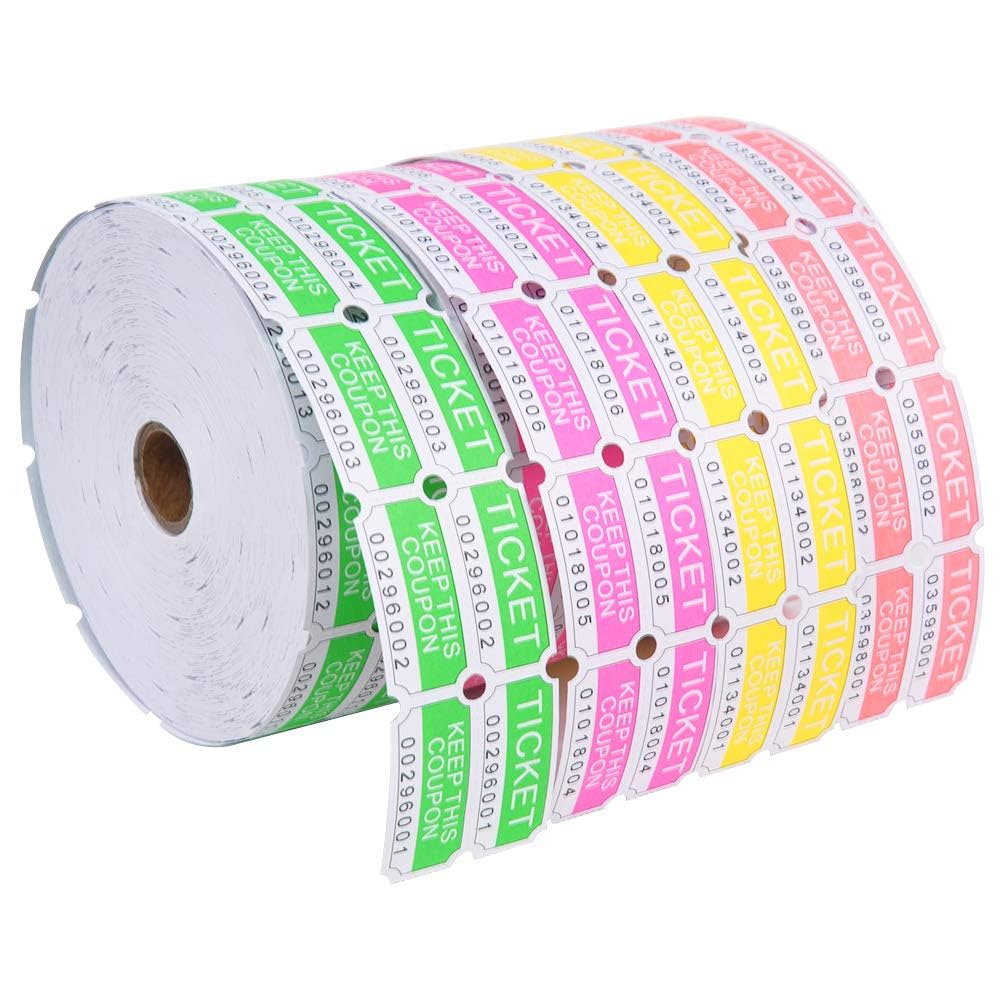 L LIKED Assorted Double Raffle Tickets (4 Rolls of 2000 Double Tickets) 8,000 Total 50/50 (Neon Yellow, Neon Green, Neon Red, Neon Pink)