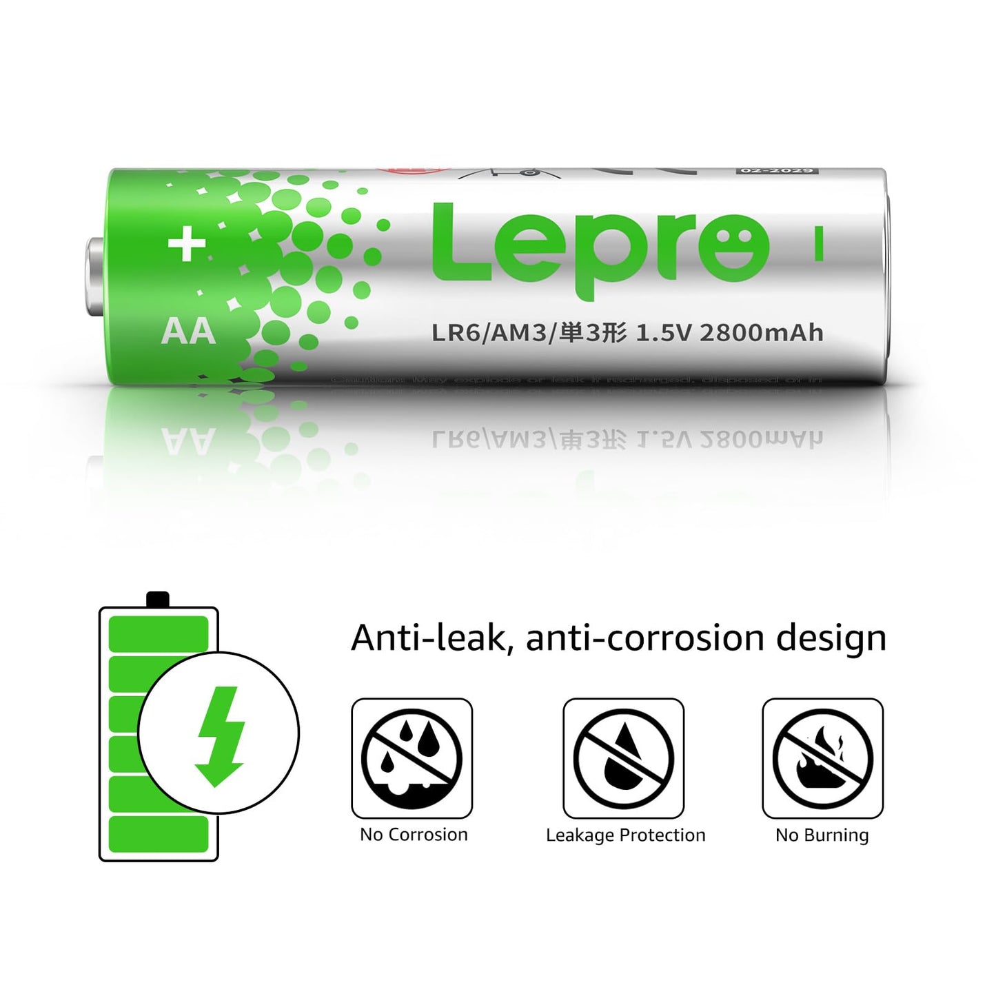 Lepro AA Batteries 100 Count, Double A Alkaline Batteries with Ultra Long-Lasting Power, 1.5 Volt 2800mAh LR6, Holds Power Up to 5 Years, High-Performance, Leak-Proof, Corrosion-Resistant