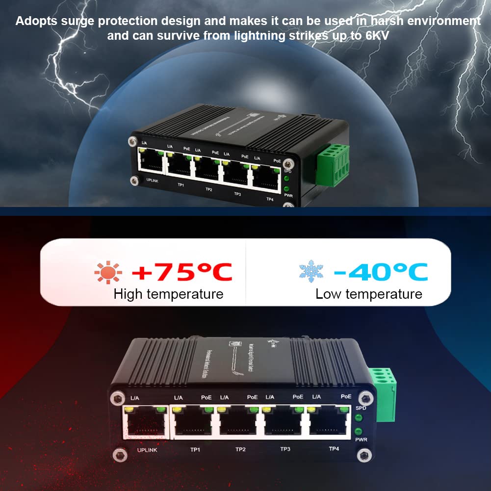 Industrial Passive 24V 5 Ports PoE Switch Gigabit RJ45 Din Rail 10/100/1000Mbps Ethernet Switch Unmaneged Switch PoE Switch 12-24V Input 24V Output Passive Switch