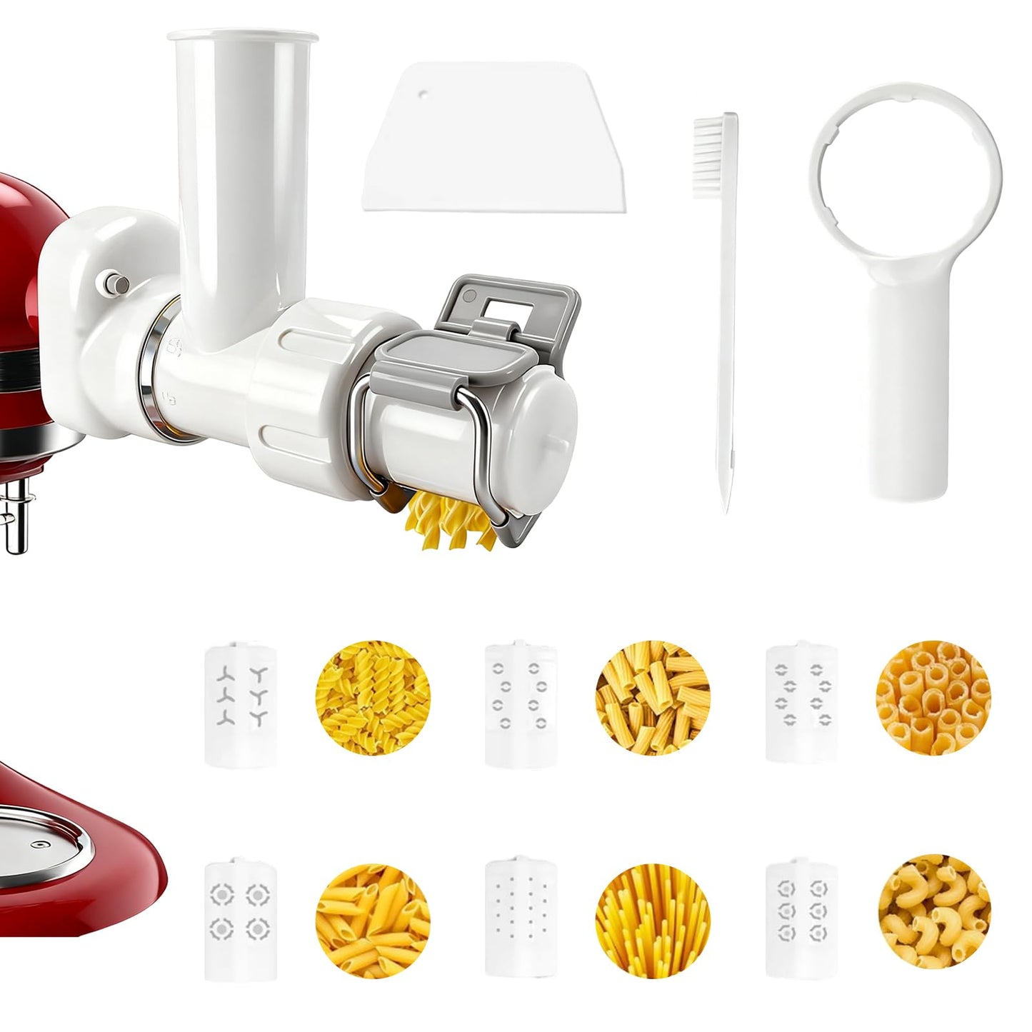 8 in 1 Pasta Maker Attachment for Kitchenaid Stand Mixer,Gourmet Pasta Press Attachment with 6 Interchangeable Plates&1 Scraper&1 Brush,Spaghetti Fusilli Bucatini Rigatoni Small/Large Macaroni