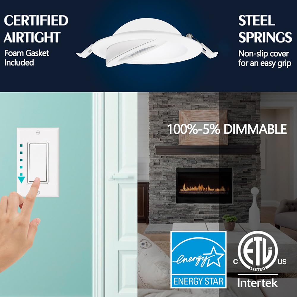 GCN LIGHT Gimbal 3000K 4000K 5000K Adjustable 9W 4 Inch 900LM Dimmable LED Recessed Pot Light, ETL Energy Star Listed IC Rated LED Slim Panel/Downlight with Junction Box, 6 Pack