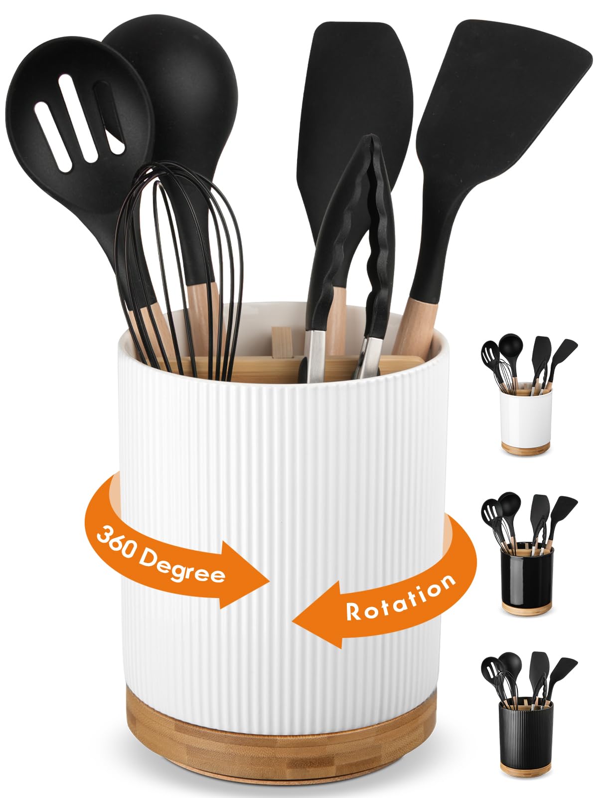 LoeJan 3 Compartment Utensil Holder, 7.2" Extra Large Utensil Crock, Stable Ceramic Utensil Organizer, Cooking Tool Organizer Set for Kitchen Counter Farmhouse Décor