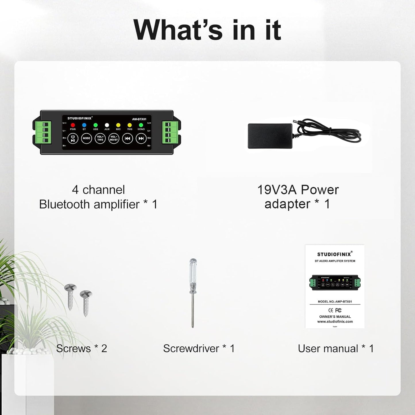 STUODIOFINIX 4-Channel Mini Bluetooth Amplifier 120w for Passive Speakers with TWS,AUX,MIC,USB,Replacement Part,Suitable for Wall/Ceiling/Marine/Bookshelf Speakers