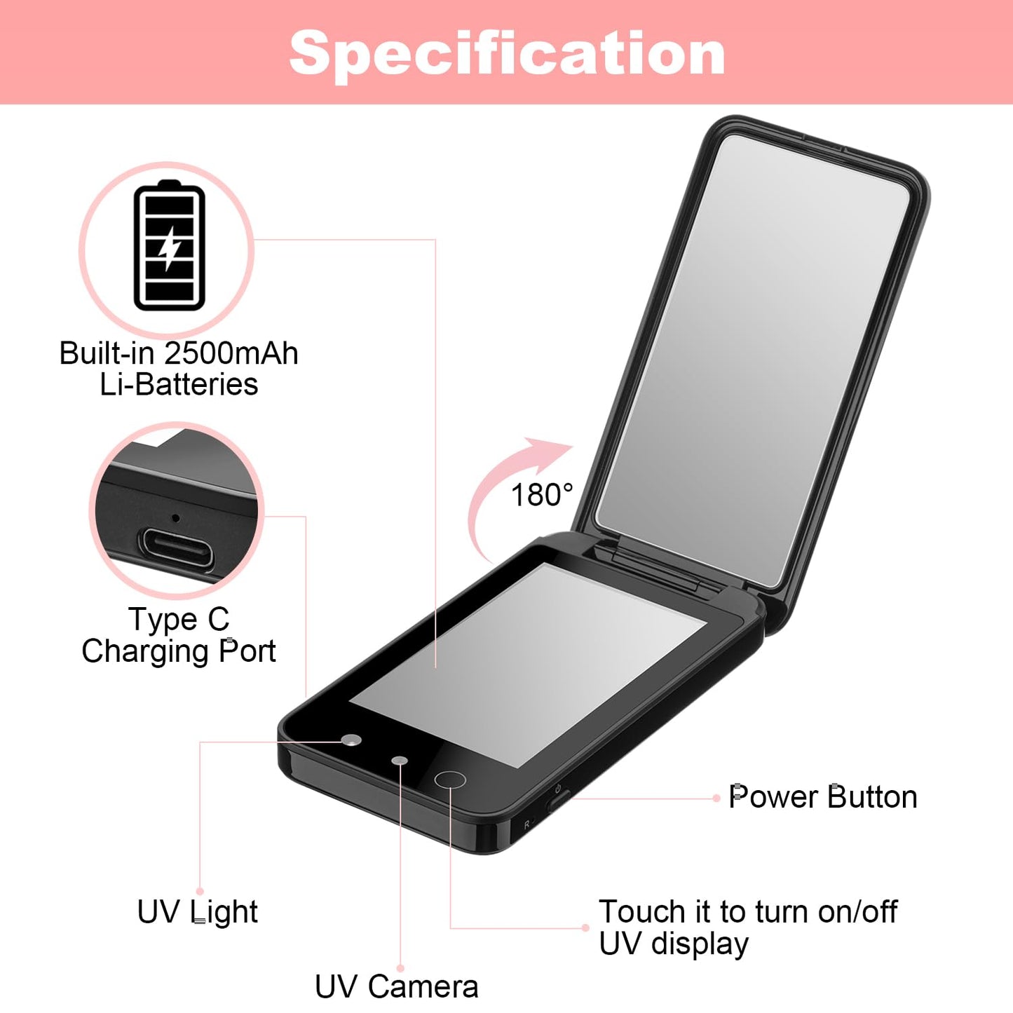 Vanmirr Compact UV Mirror with UV Camera for Sunscreen Test, 4 Inch Rechargable Travel Mirror Handheld Double-Sided Pocket Mirror for Skin Protection