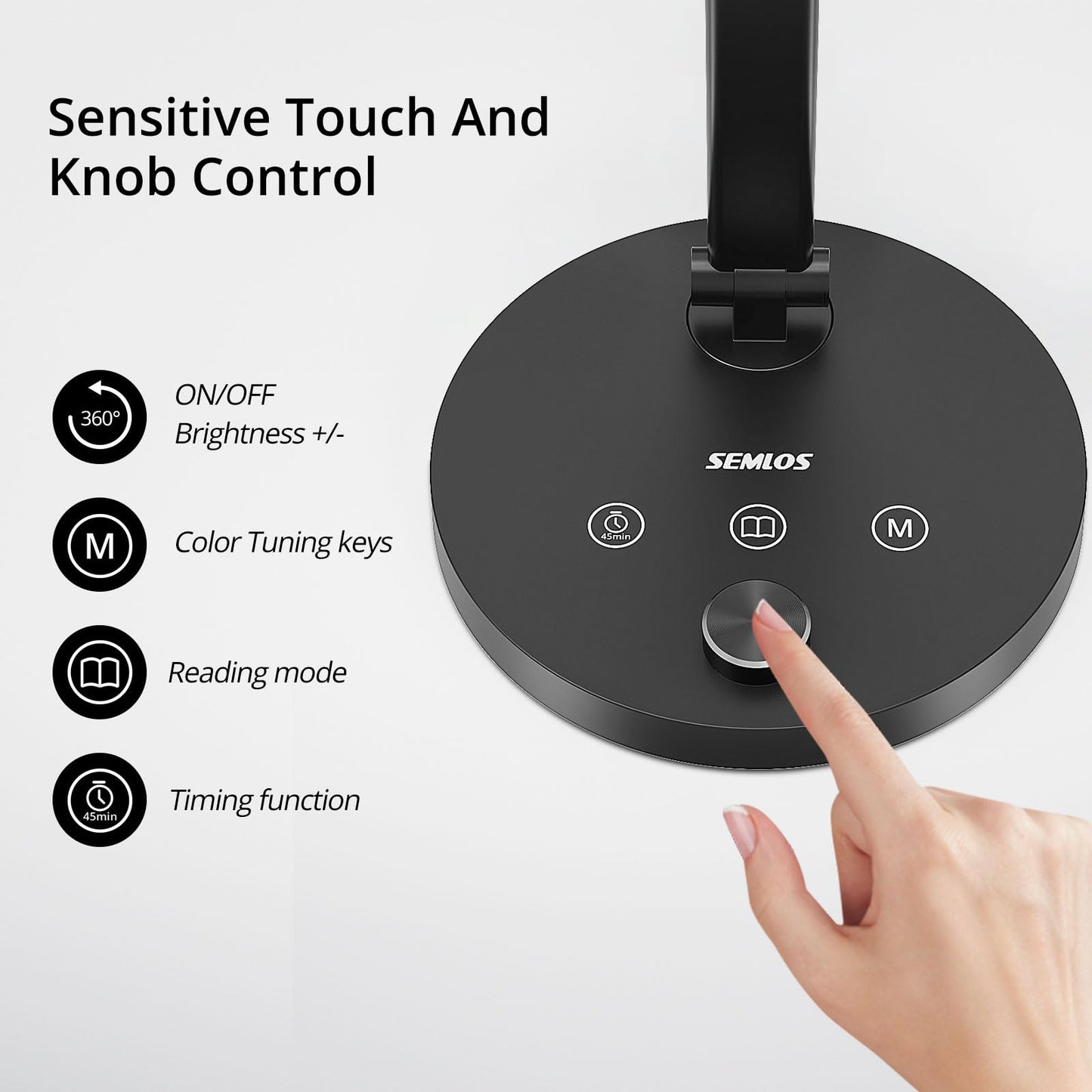 Semlos 10W LED Desk Lamp for Home Office, Touch Control, Adjustable Brightness, 3000K-6500K Color Temp, 45-Min Timer, Reading Mode, Dual-Arm Table Light with Charger & Pen Holder, Black