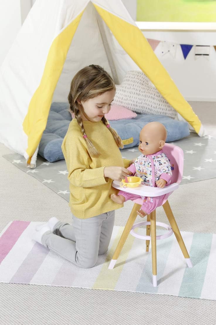 Baby Born High Chair – Doll Feeding Chair with Scandinavian Design – Wood-Look Legs & Pink Seat – Fits Baby Born & Other Dolls – Ages 3+