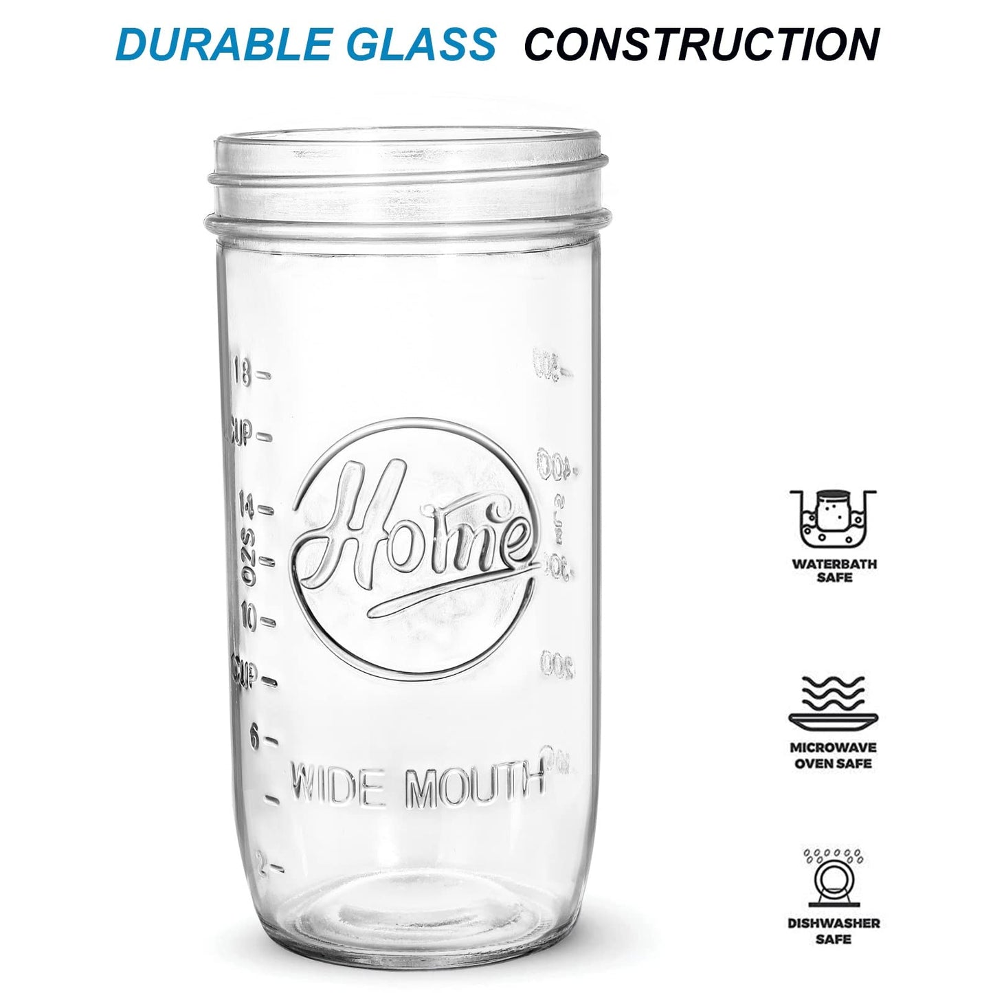 Tebery 6 Pack Wide Mouth Home Glass Mason Jars with Airtight Lids and Bands, 24-Ounce Canning Glass Jars for Canning, Fermenting, Pickling, Meal Prep, Overnight Oats, Jam, Jelly