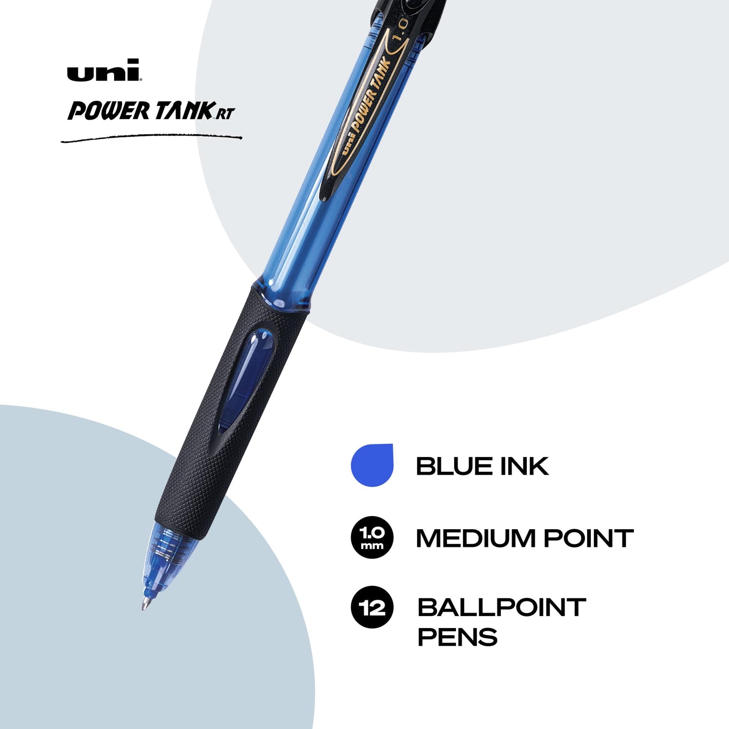 uni-ball POWER TANK Pen Ballpoint, Retractable Ball Point Pen Blue Barrel Bold-1.0mm, 12 Pack, Blue Ink (42071)