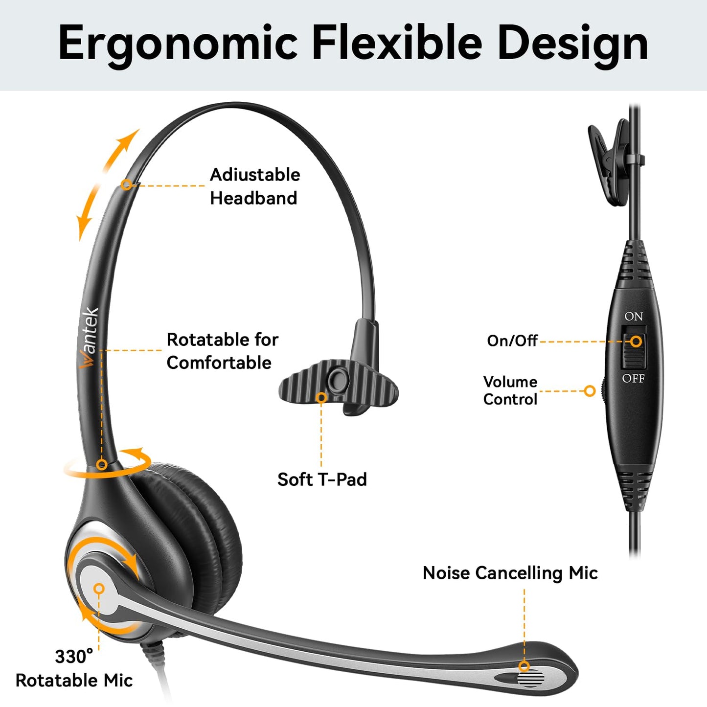 Wantek Phone Headset with Microphone Noise Cancelling, Telephone Headsets 2.5mm Jack Work for Panasonic AT&T ML17929 Vtech RCA Uniden Polycom Grandstream Home Office Cordless Phones(F600J25P)