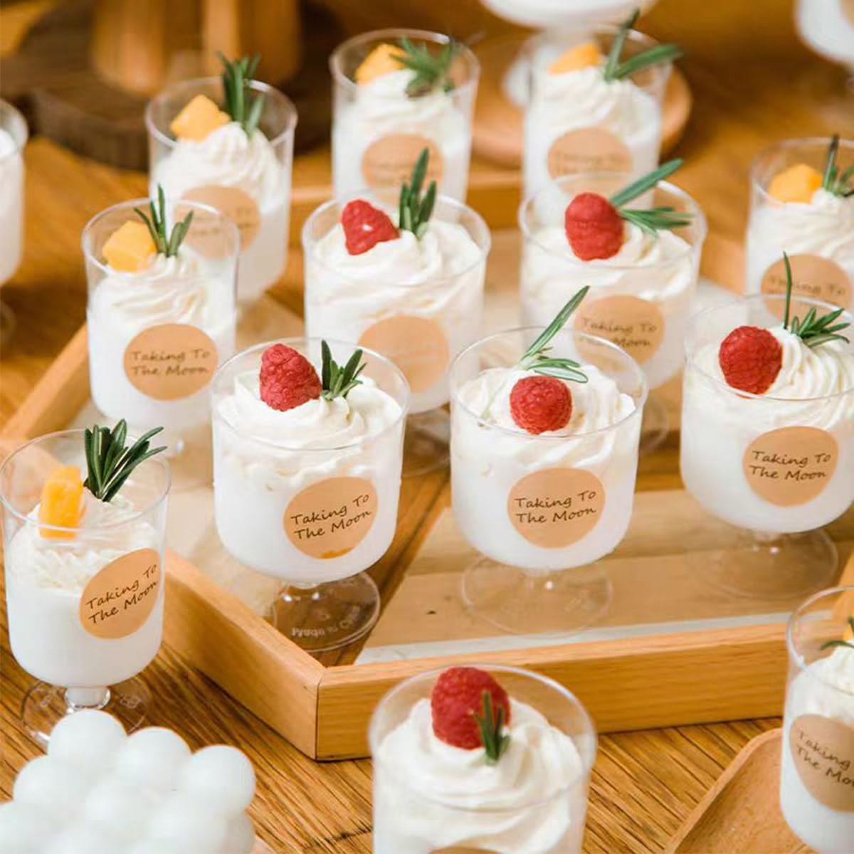 mwellewm 100Pcs Dessert Cups with Spoons&Cocktail Picks 5 Oz Mini Clear Plastic Parfait Shooter Cup Round Small Round Serving Goblet Disposable Appetizer Fruit Desert Bowl for Party Charcuterie