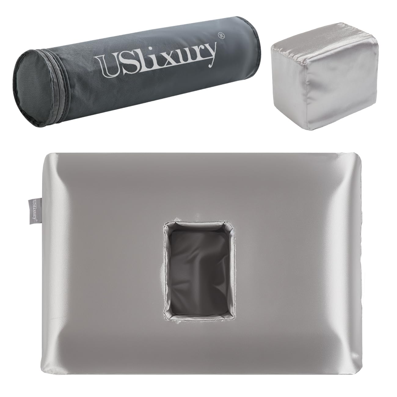USlixury Piercing Pillow - Ear Piercing Pillow with Foam Plug, 4''H Ear Pillow with 4.7*3.2 and Off Center Ear Hole, CertiPUR-US Memory Foam Piercing Pillow for Side Sleeper, Satin Cover, Silver Grey