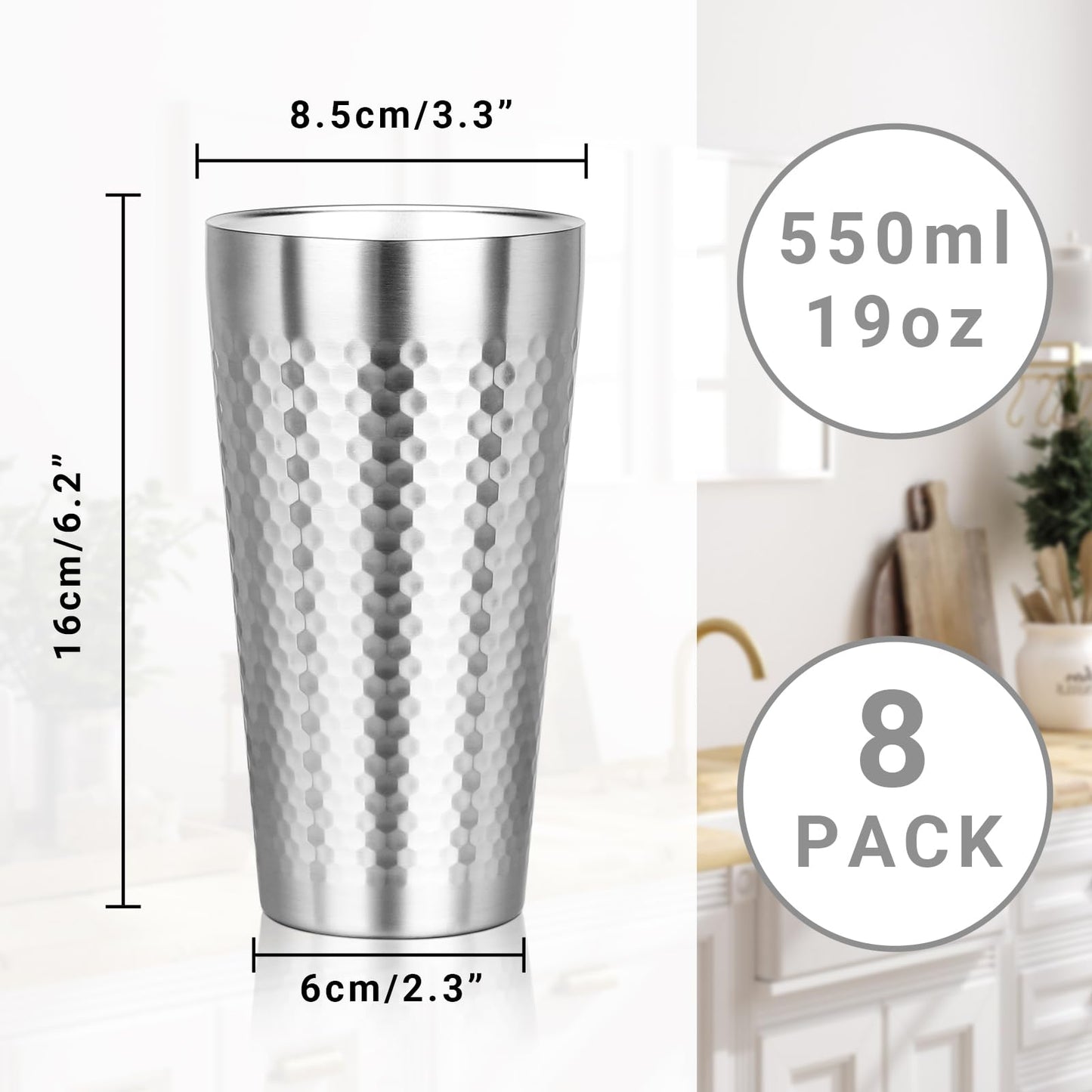 Offiper Metal Cup, 19 oz Insulated Tumbler, 8 Pack Double Wall Unbreakable Stackable Water Tumblers Premium Insulated Stainless Steel Cups Drinking Glasses for Home Travel Camping Outdoor