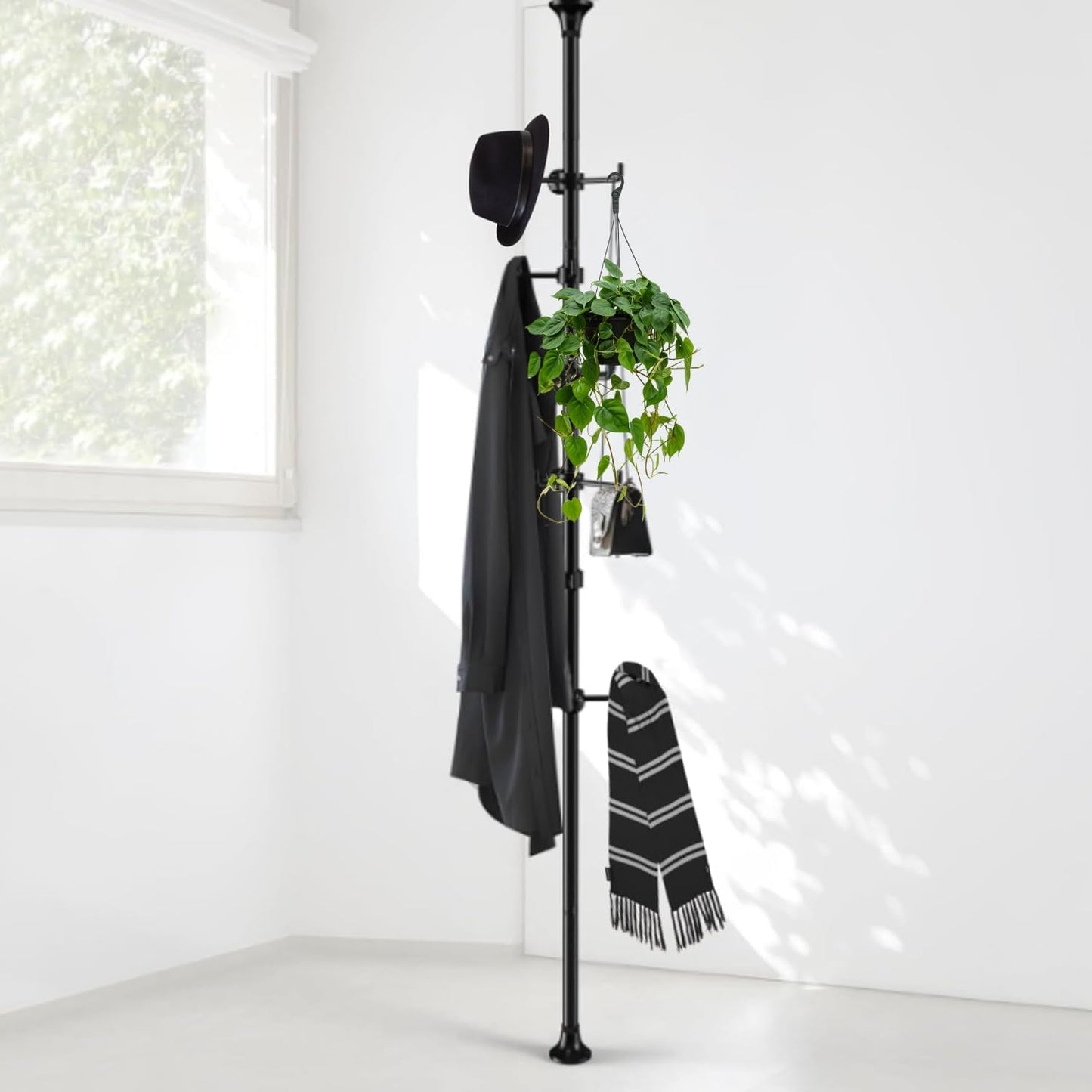 Sempicad Coat Rack Freestanding, 56 to 125 inch Adjustable Tension Rod Coat Hanger with 12 Hooks for Hanging Coat, Jacket, Hat, Scarf, Suitable for Living Room, Balcony, Kitchen BLACK