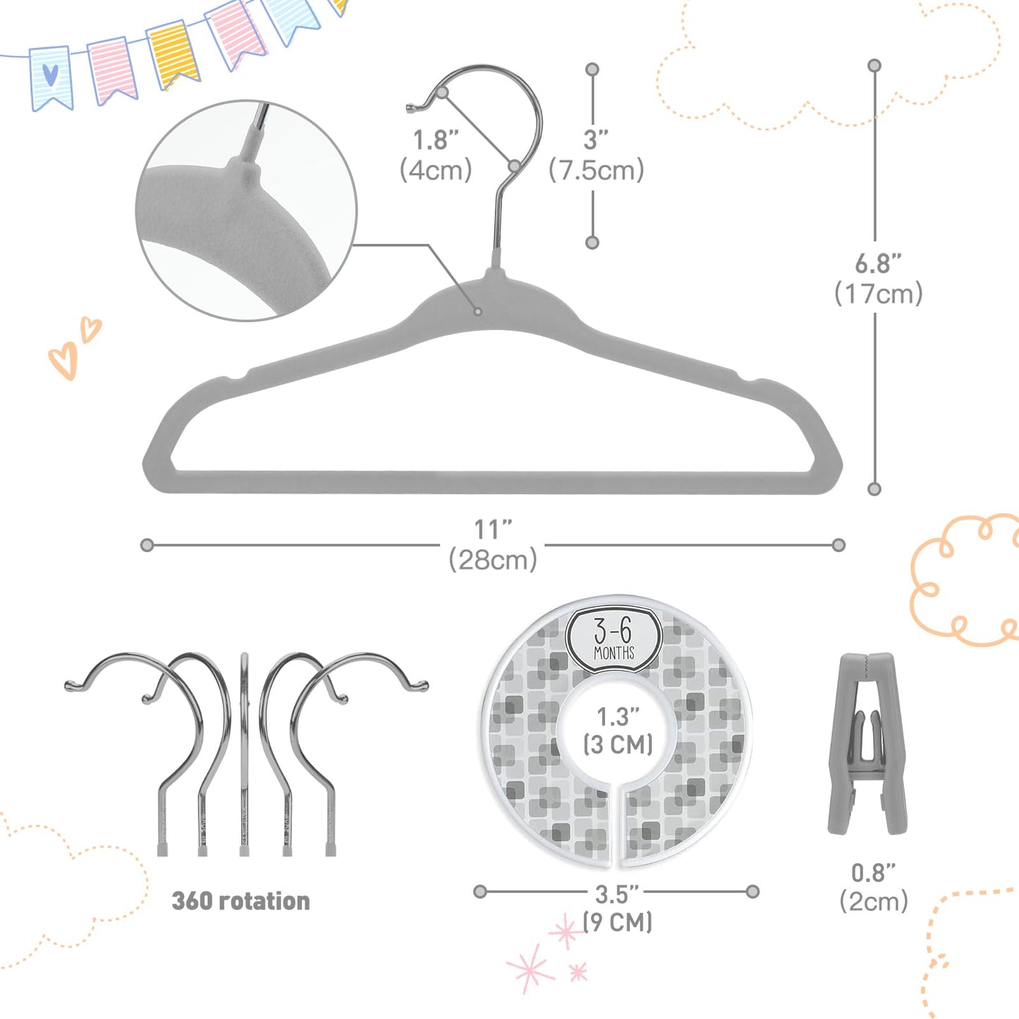 Babyrish Velvet Baby Hangers 30 Pack, Ultra Thin Nonslip Nursery Clothes Hangers (Grey)