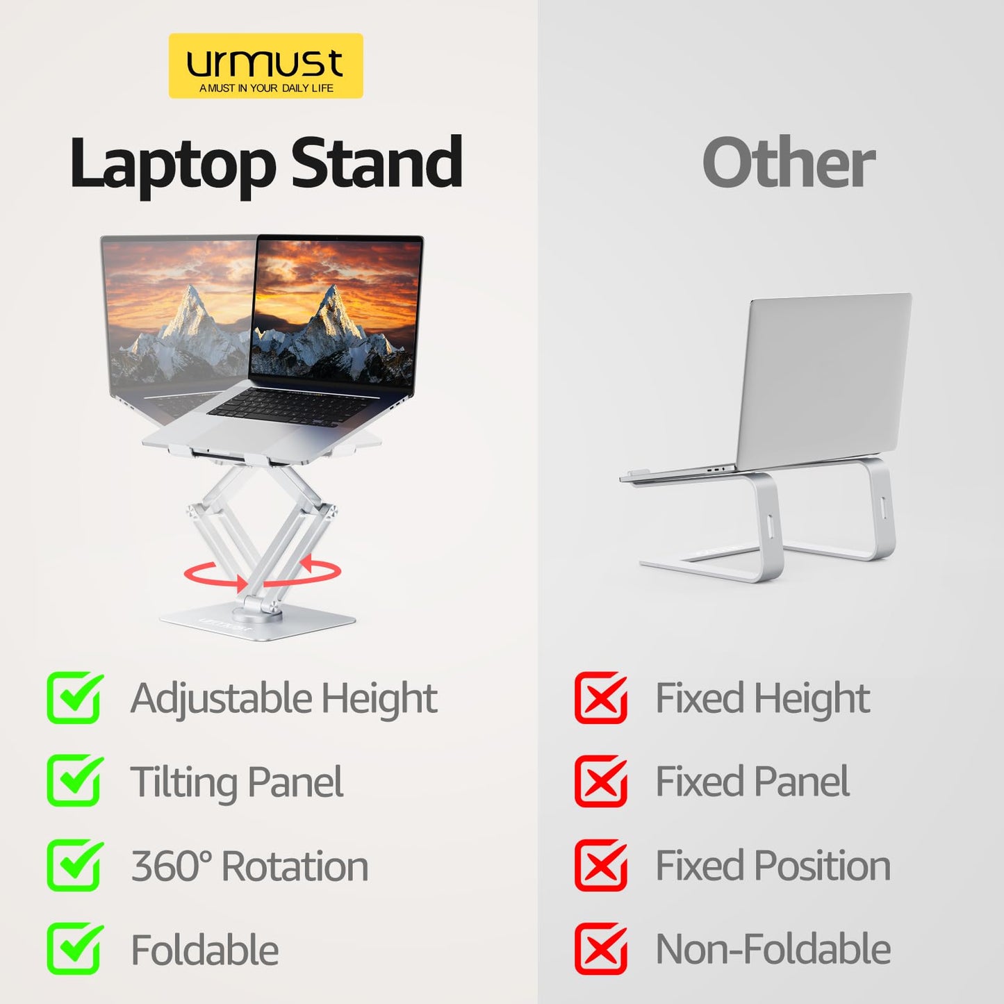 Urmust Adjustable Laptop Stand, Ergonomic with 360° Rotating Base, Foldable & Portable Laptop Riser, Compatible with MacBook, Dell, HP, Lenovo, and Other 10-17" Laptops (Silver)