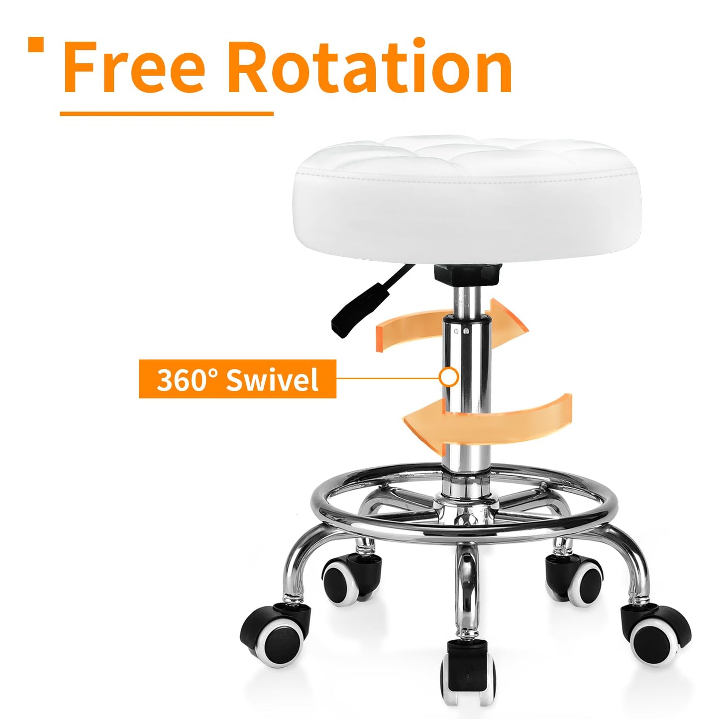 Rolling Stool PU Leather Round - Ultra Soft Padded Seat Cushion Stool with Wheels with Footrest, Strong Weight Capacity 350lb,Adjustable Swivel Stool for Tattoo Massage Salon Office Spa Home (White)