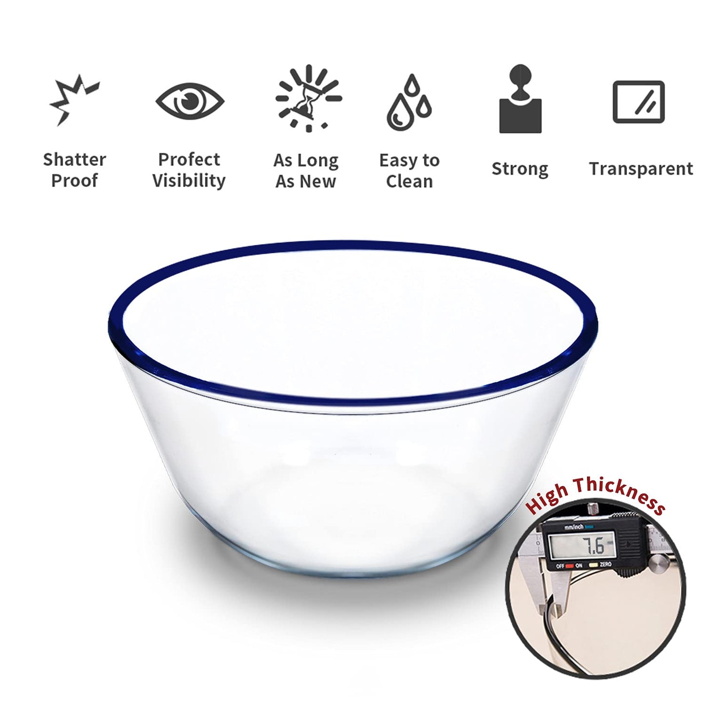 Luvan High Borosilicate Glass Mixing Salad Bowls with Lids Set of 3,4.5QT,2.7QT,1.1QT, Large Kitchen Nesting Bowls, Great for Food Storage, Cooking, Baking,Prepping,Dishwasher and Microwave Safe-3PCS