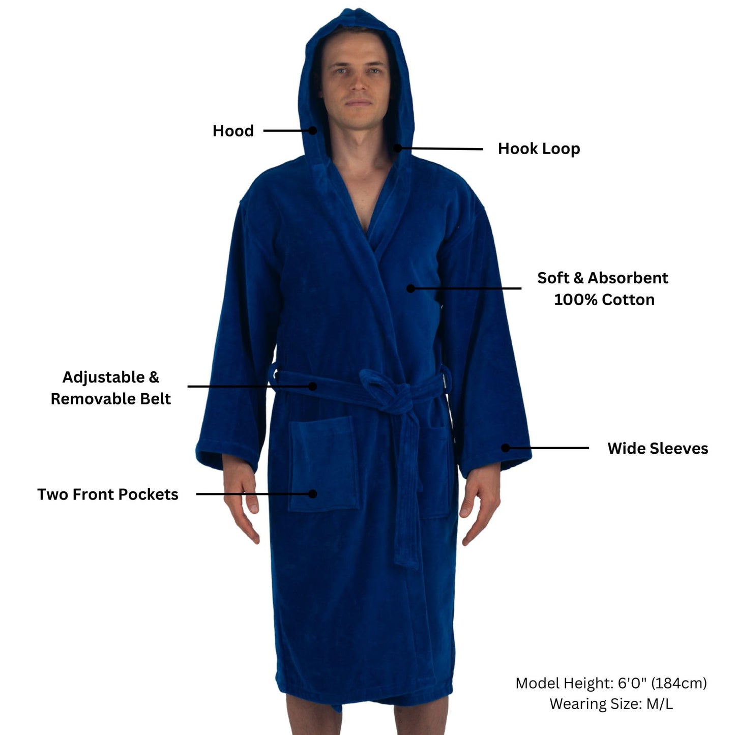 Alpine Swiss Dane Mens Hooded Bathrobe Pure Cotton Terry Cloth Long Robe for Men Super Absorbent Quick Drying Luxury Spa Robe BLU XL/2XL