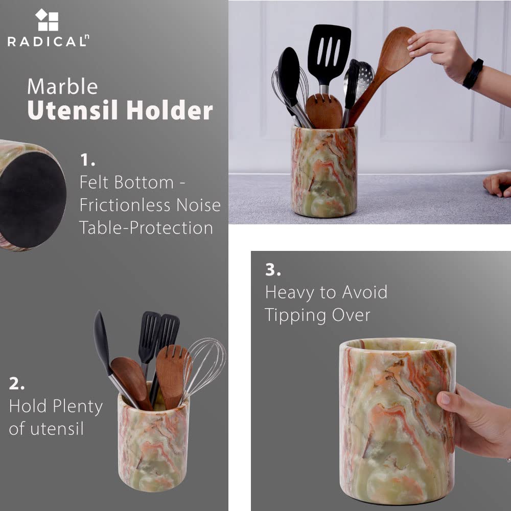 Radicaln Marble Utensil Holder 6.5" Inches Black Handmade Spatula Set for Kitchen Counter, Cooking Utensils Jar & Kitchen Essentials Organizer, Ideal Utensil Caddy & Spoons Holder
