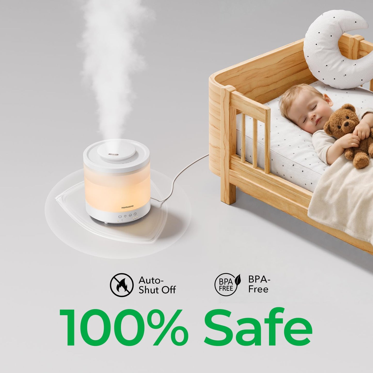 Homvana Small Humidifiers for Bedroom - 1.5L Cool Mist Top Fill Humidifier for Baby Nursery, Essential Oil Diffuser, 3 in 1 for Home Plants Offices and Grow Tents, 7 Color Lights, Ultrasonic (White)