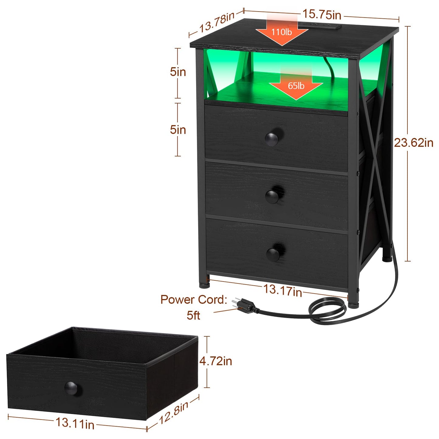 AMHANCIBLE LED Nightstand, End Side Table with Charging Station, Bedside Table with USB Port & Power Outlet, Modern Night Stand with Fabric Storage Drawers HET053LBK1