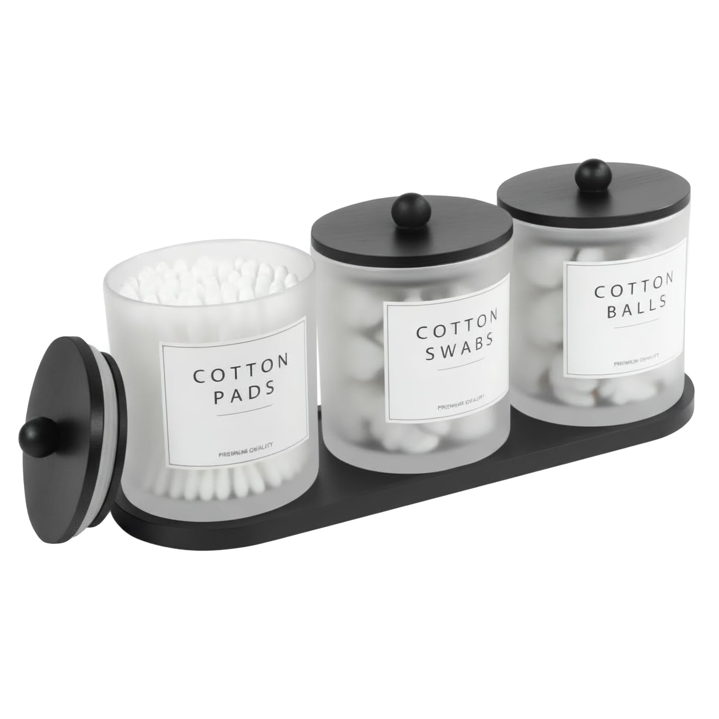 3 Pack Qtip Holder Dispenser - Glass Apothecary Jars with Bamboo Lids, Cotton Ball Pad Swab Round Holder, Floss Pick Containers, Bathroom Organizers with Tray & 14 Labels - Frosted Clear