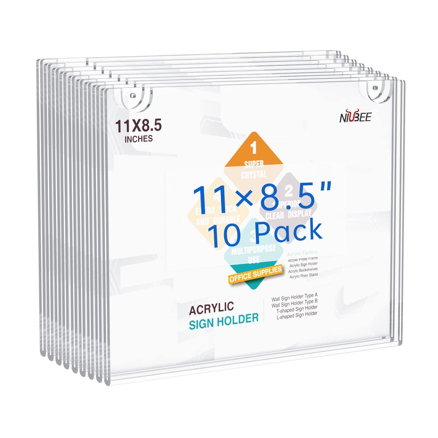 NIUBEE Acrylic Sign Holder 8.5x11 Horizontal,Clear Plastic Picture Frames for Paper, Bonus with 3M Tape and Mounting Screws(10 Pack)