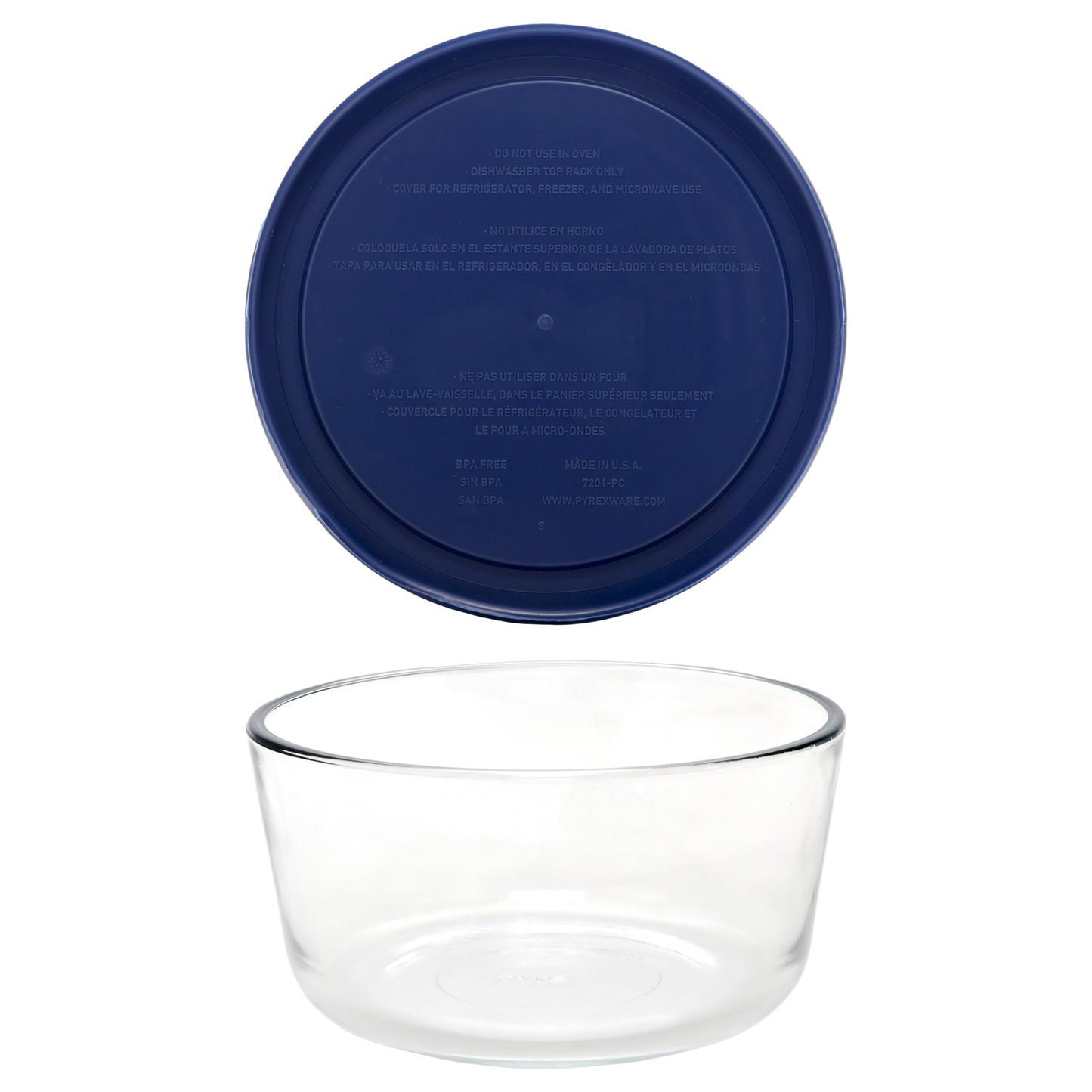 Pyrex Storage 4-Cup Round Dish with Dark Blue Plastic Cover, Clear (Pack of 2 Containers)