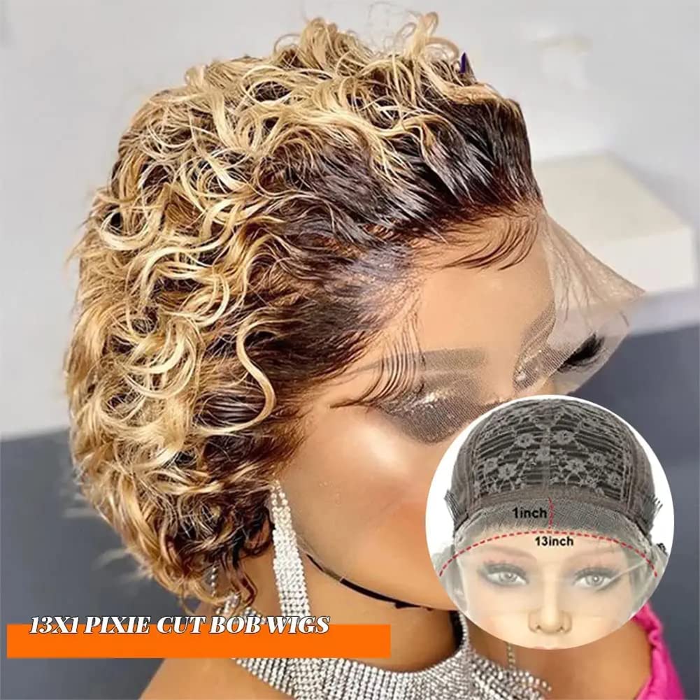 Fereowth Ombre Short Curly Lace Front Wigs Human Hair Wig for Women Brown 1B/27 Pixie Cut Wigs Human Hair Short Curly Human Hair Wig Pre Plucked with Baby Hair 150% Density