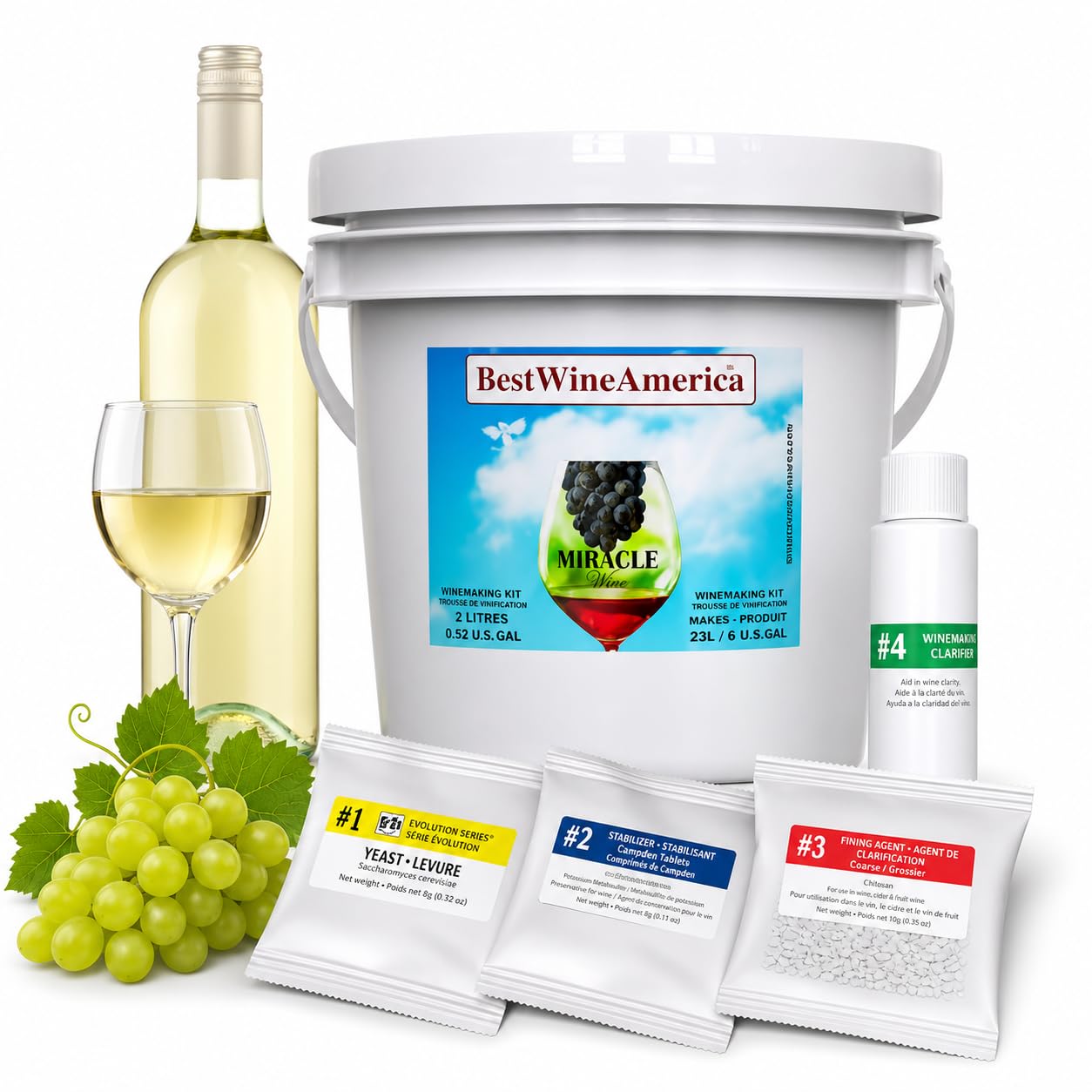 BestwineAmerica Miracle Grape Extraction – White Style Wine Making Kit – 2L Wine Kit Makes 23L of Wine (30 x 750 ml Bottles of Wine) - Pinot Grigio
