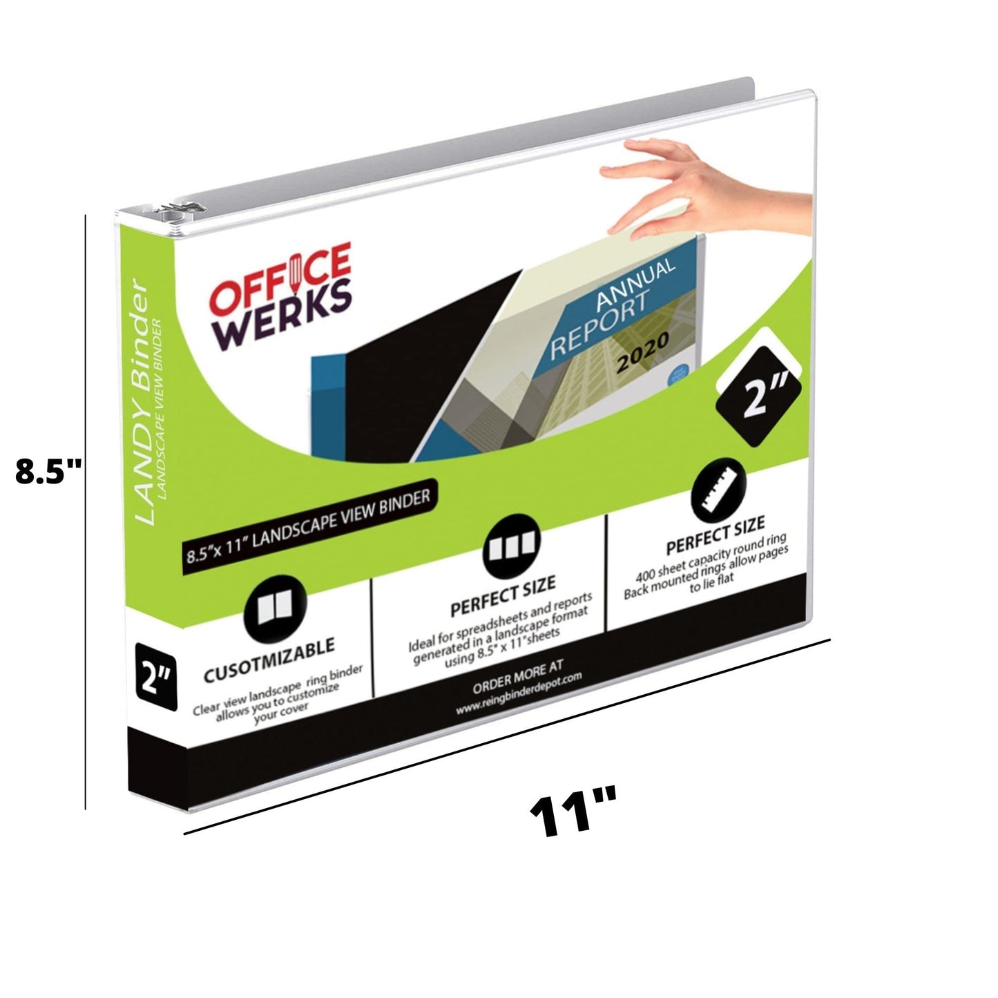 8.5" X 11" Landscape View Binder, 3-Ring 2 Inch Capacity Round Ring, White Horizontal Formatted with Clear Cover Pockets for Documents, Spreadsheets, Projects and More